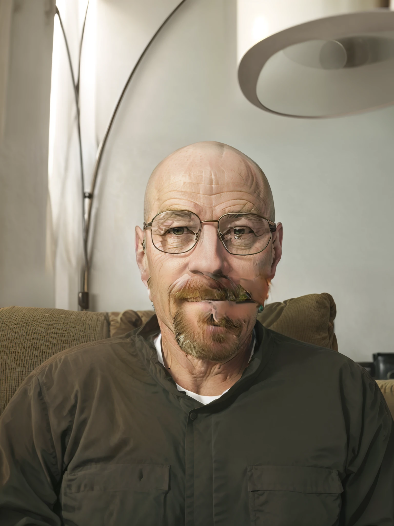 Smiling man with glasses and beard sitting on a sofa, photo of a 50-year-old white man, avec verres et barbiche, avatar image, Relax and smile at the camera, taken in the early 2020s, Photographie selfie 8k, Hommes de 45 ans, selfie of a man, inspired by Phil Foglio in the Pixar format.