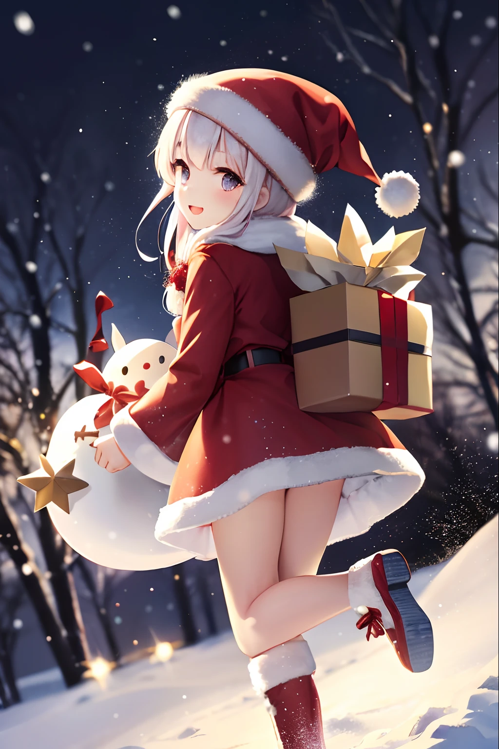 Santa Claus happily carrying presents、Santa is a pretty girl、Stars in the eyes（kirakira）、Eye Up、Laugh、Cute red shoes、foco nítido, Ultra Detail, radiant light、bio luminescent、snowscape、It's snowing、Draw a large snowflake in the foreground、Taken from behind、Stronger bokeh effect