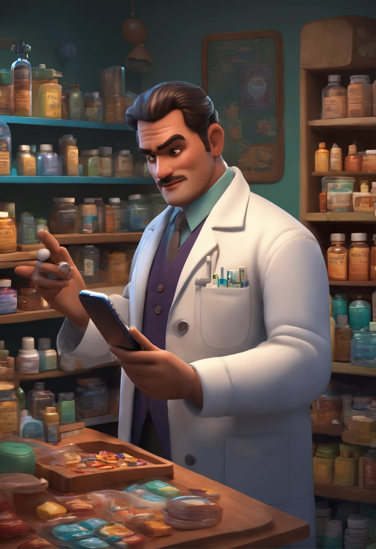 Disney Pixar Male Pharmacist, Cabelos pretosarrepiados , Showing Cell Phone Application for Drugs and Laws