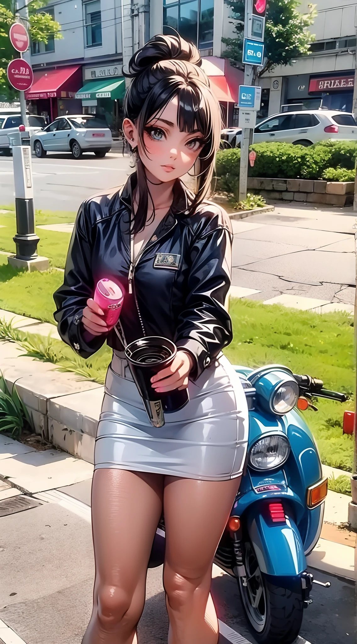 1girl anime, Sukeban gyaru j-rock , fantasy magic anime, retro j-rock 80's, heavy strong thicc legs and muscle shaped body , amazing sexy girl, hyper detailed, detailed background, j-rock clan, retro Vespa motorcycle , beautiful detailex