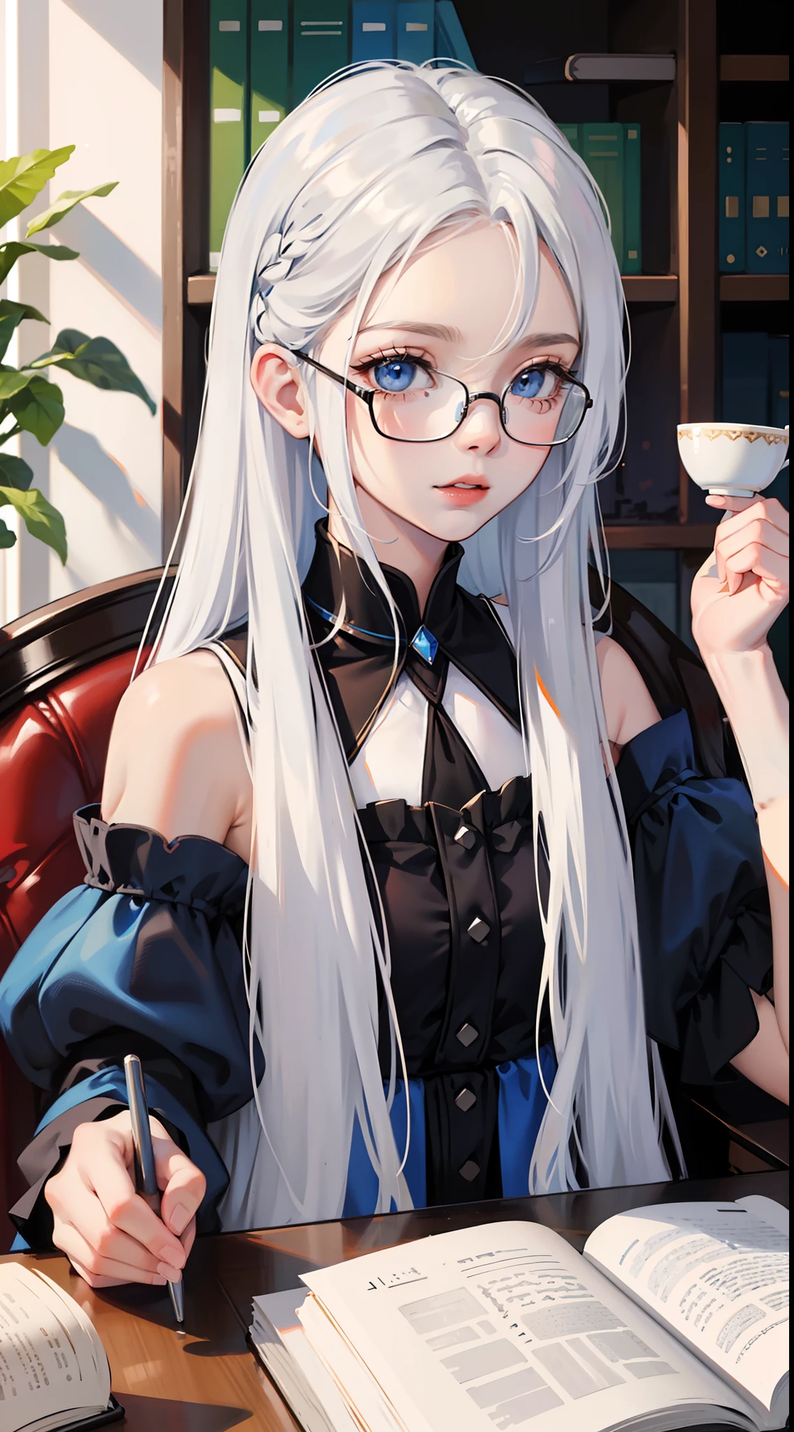 small girl, Long white hair, blue eyes, Black, stylish glasses, blue dress, fluffy dress, short sleeves, open shoulders, book, sitting at a table, tea, Masterpiece, hiquality, 4k, HD, Good detail