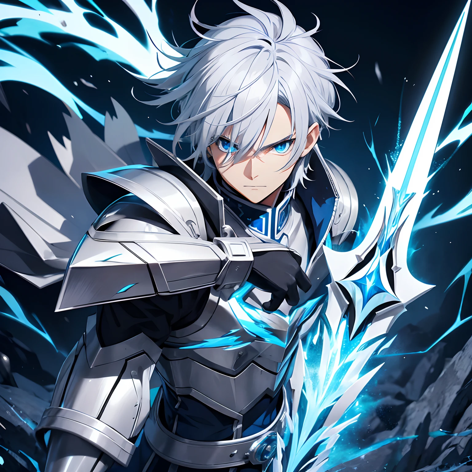 Anime style, Knight, silver hair, has a sharp gaze, wears white and blue lightning armor, holds an electric blue sword and emits lightning aura and behind him is a blue dragon(8K)