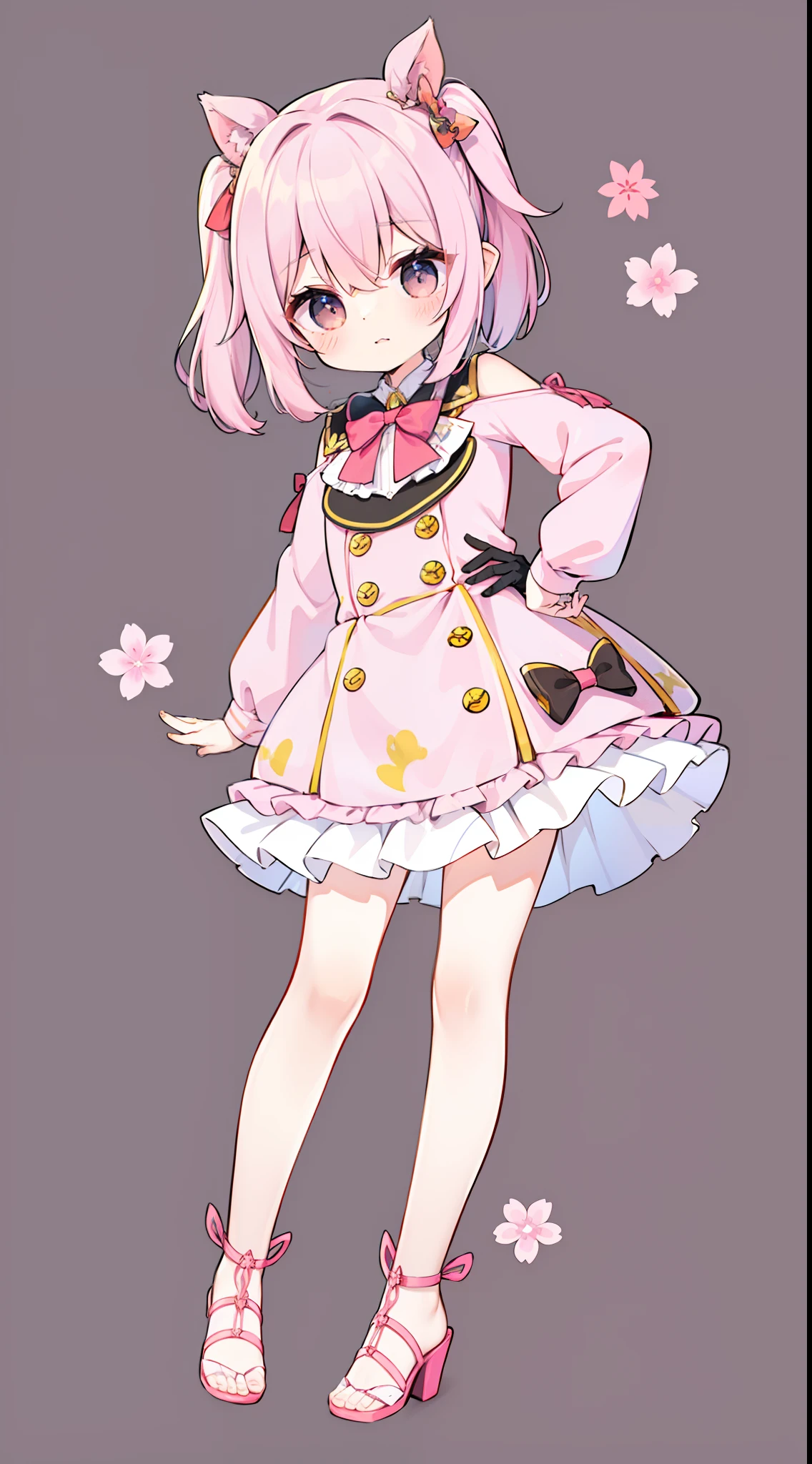 tchibi、Pink military uniform、skirt by the、bow ribbon、Straight face、happening、dropping eyes、winking😉，leaning-forward，Mischievous，put hands on the hip、tmasterpiece、Top image quality、top-quality、Cute Baby Turtle，dynamicposes，Full body photo，Pink high heels