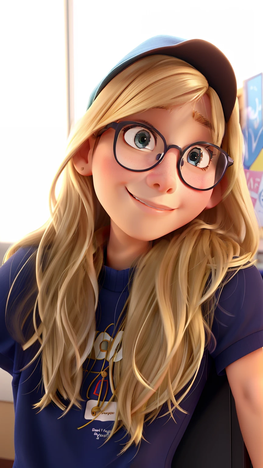 A blonde girl with brown glasses, feliz, segurando um livro de psicologia no estilo disney pixar