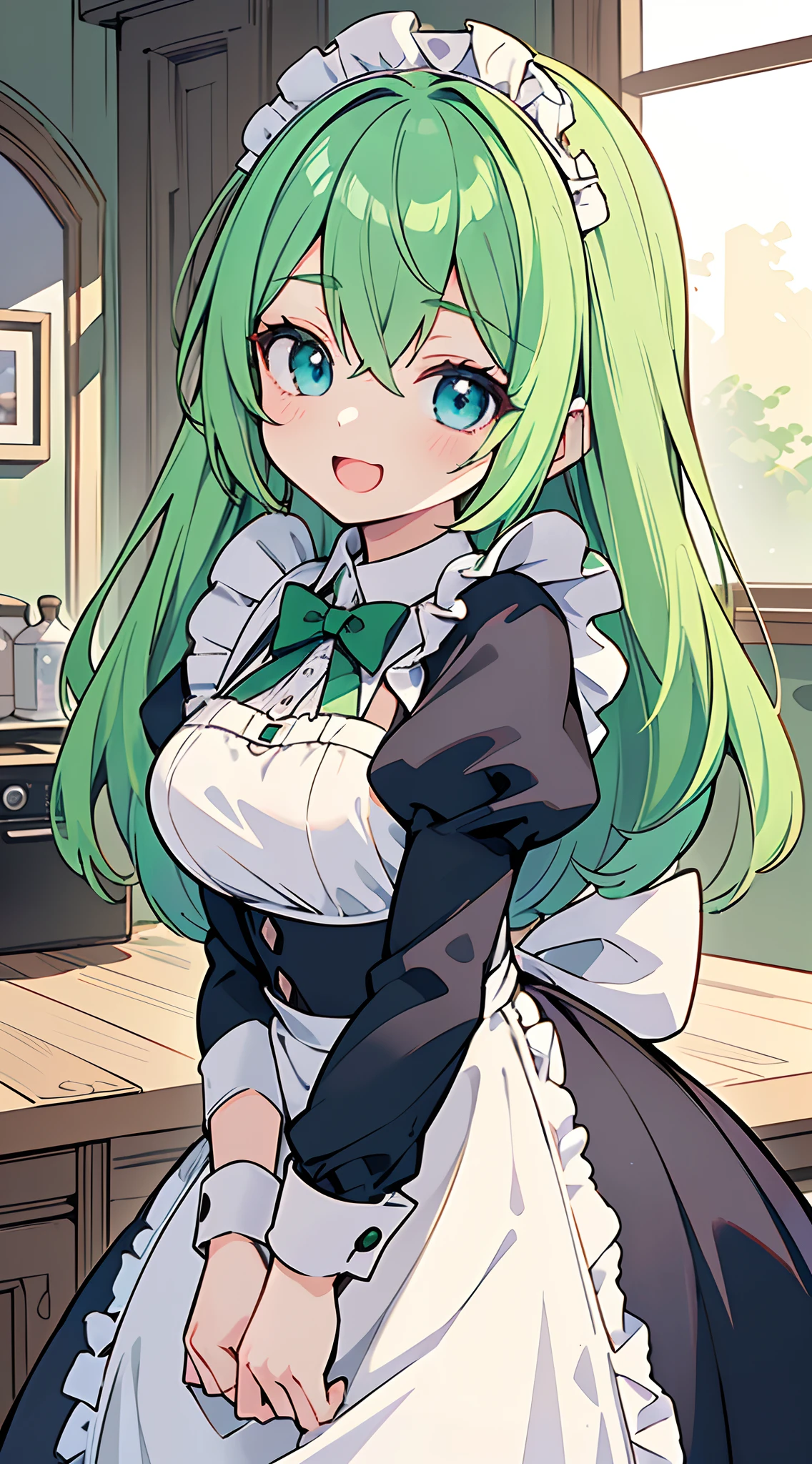 ((Pretty maid with green hair and blue eyes))、Loli face、((master piece、top-quality、ultra-definition、high resolution))、anime girl、((ultra-detailed illust:1.2))、only one person、bangs、hair between eye、beautiful hair、Beautiful eyes、Medium breasts、Big smile、opened mouth、in the kitchen