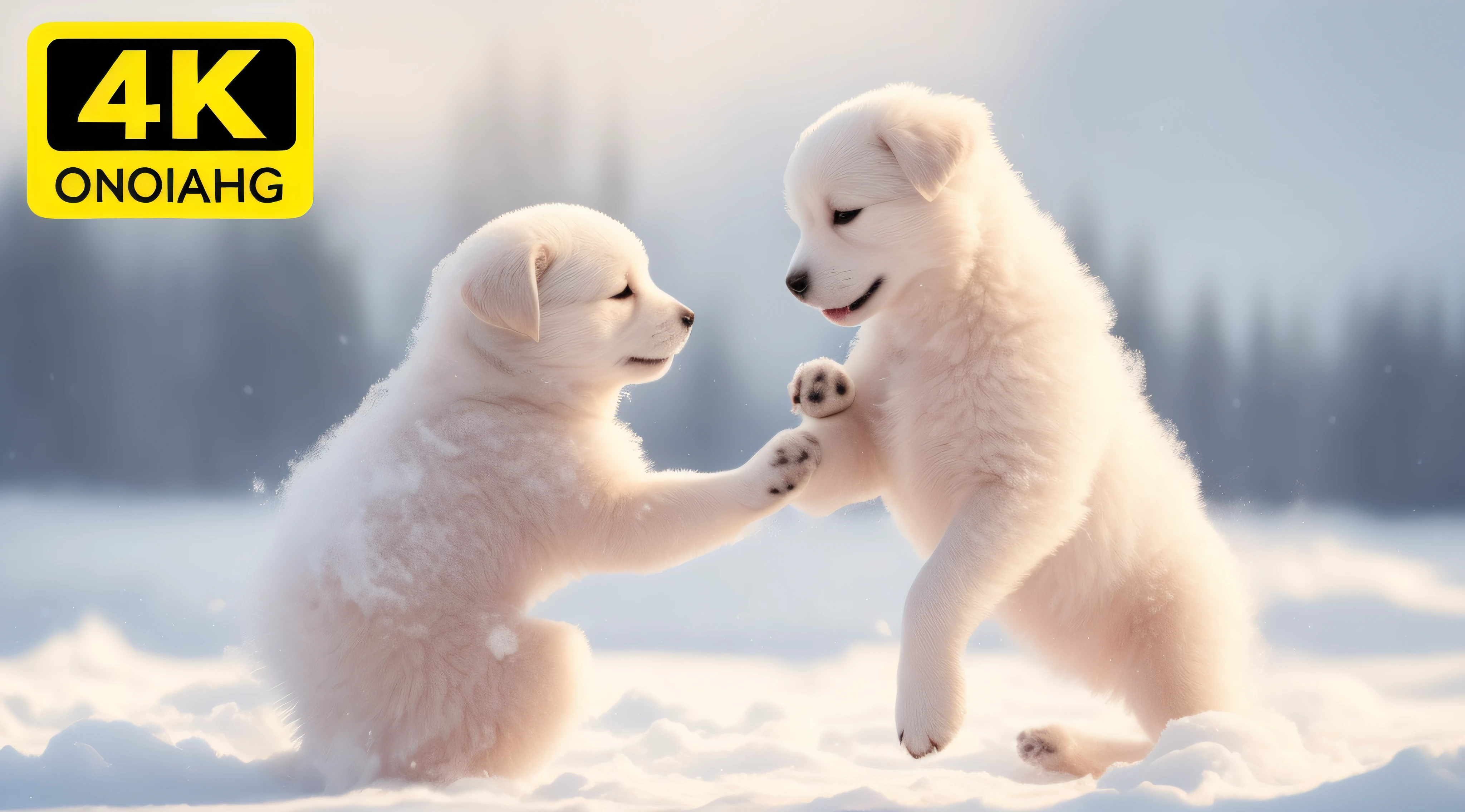 there are two puppies playing in the snow together, dancing with each other, in a fighting pose, adorably cute, painfully adorable, puppies, intense fighting, so cute, cute and adorable, adorable digital painting, close-up fight, cute animals, absolutely outstanding image, fighting each other, reaching out to each other, incredibly cute