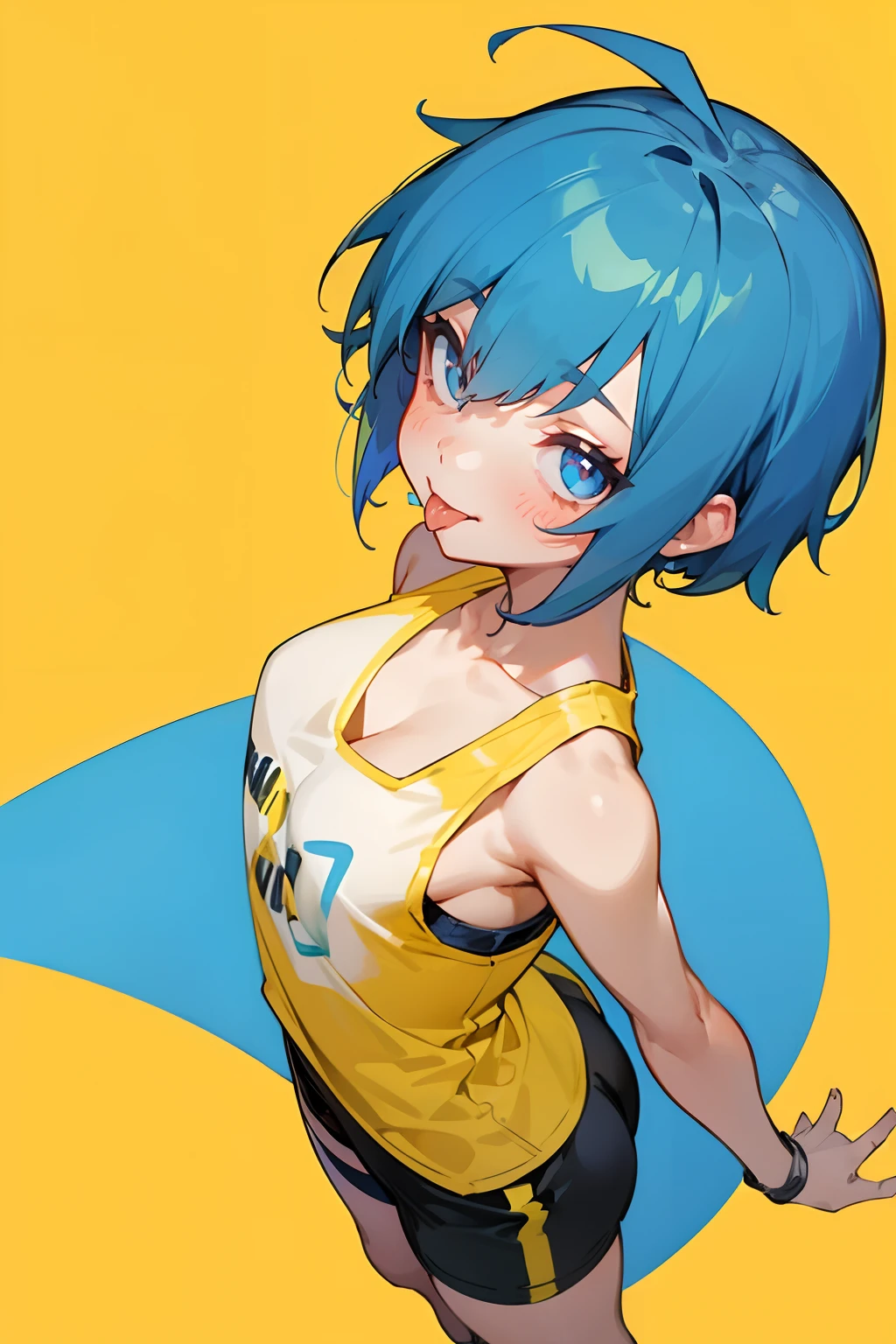 1girl, from above, yellow background, tank top, looking at viewer, sweat, short hair, petite, blue hair, tongue out --auto