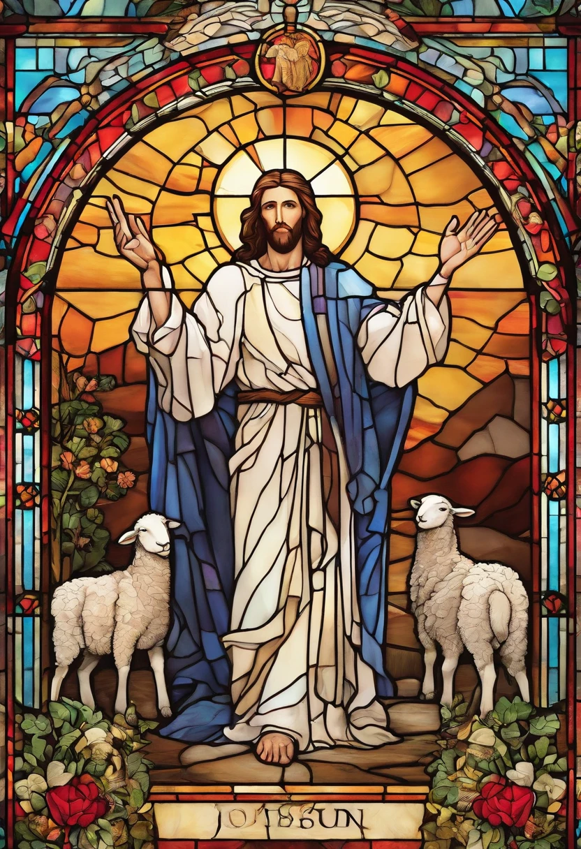 Jesus Christ pointing to his sacred heart, With sheep at your feet, Who drink from the blood that gushes from their heart.