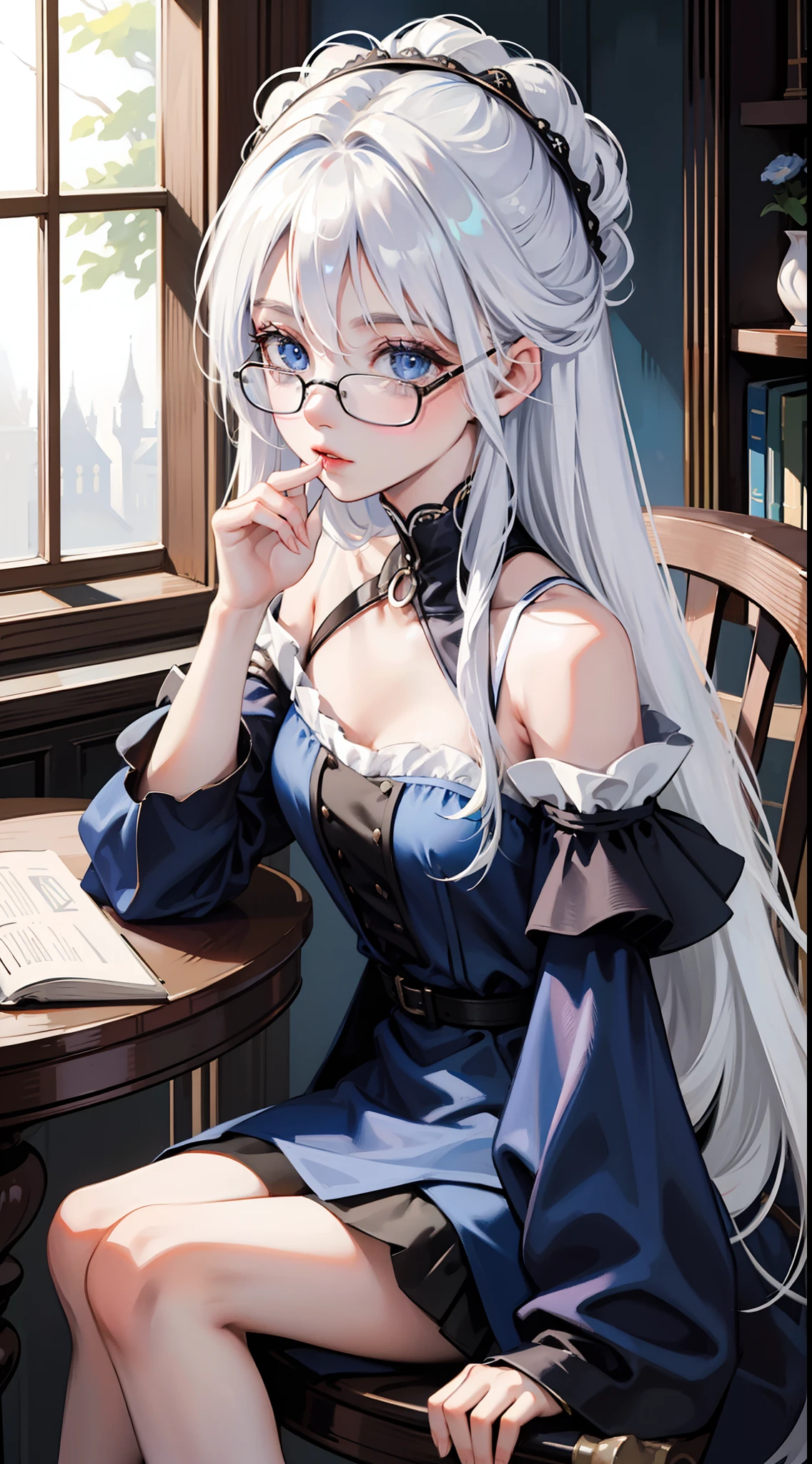 small girl, Long white hair, blue eyes, Black, stylish glasses, blue dress, fluffy dress, short sleeves, open shoulders, book, sitting at a table, tea, Masterpiece, hiquality, 4k, HD, Good detail