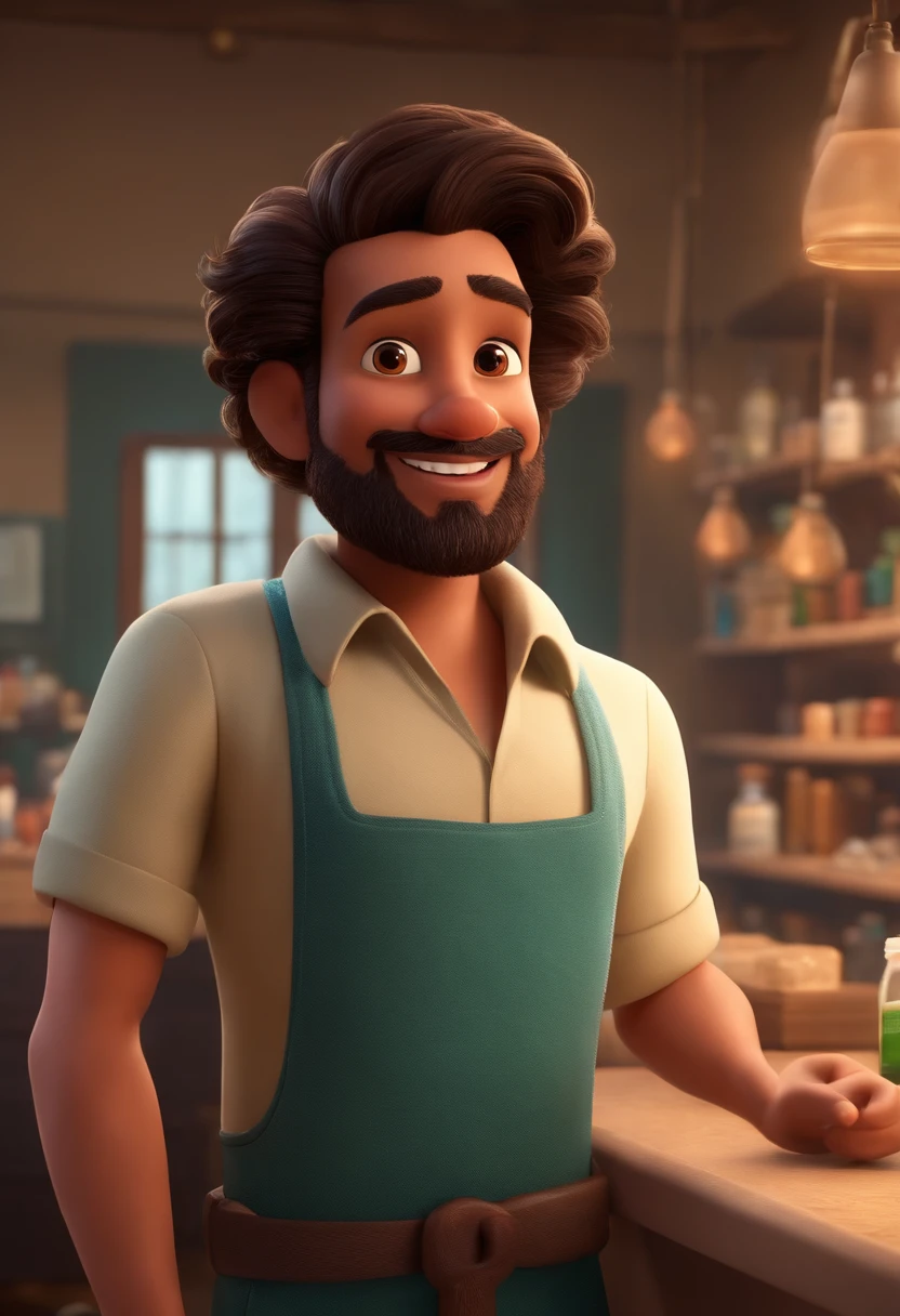 Disney Pixar young pharmacist with his 35-year-old beard , cabelos pretos arrepiados , atendendo seus pacientes com sorriso no rosto