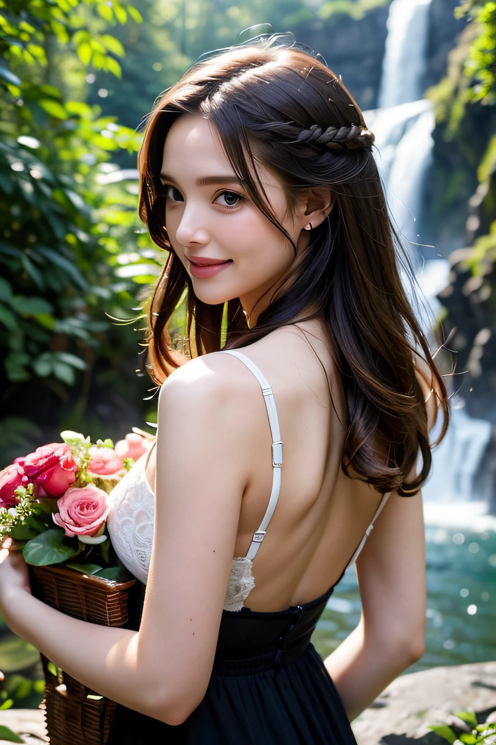 (pixer style: 1.25) portrait of girl, Natalie portman, Holding a basket of flowers in her hand、Natural Skin Texture, 4K textures, nffsw, with an intricate, Highly detailed, Sharp Focus, Cinematic Look, ultra-detailliert、(In front of a waterfall in the forest)、With smiling eyes、Colossal tits、Curly hair in braids、view from back、