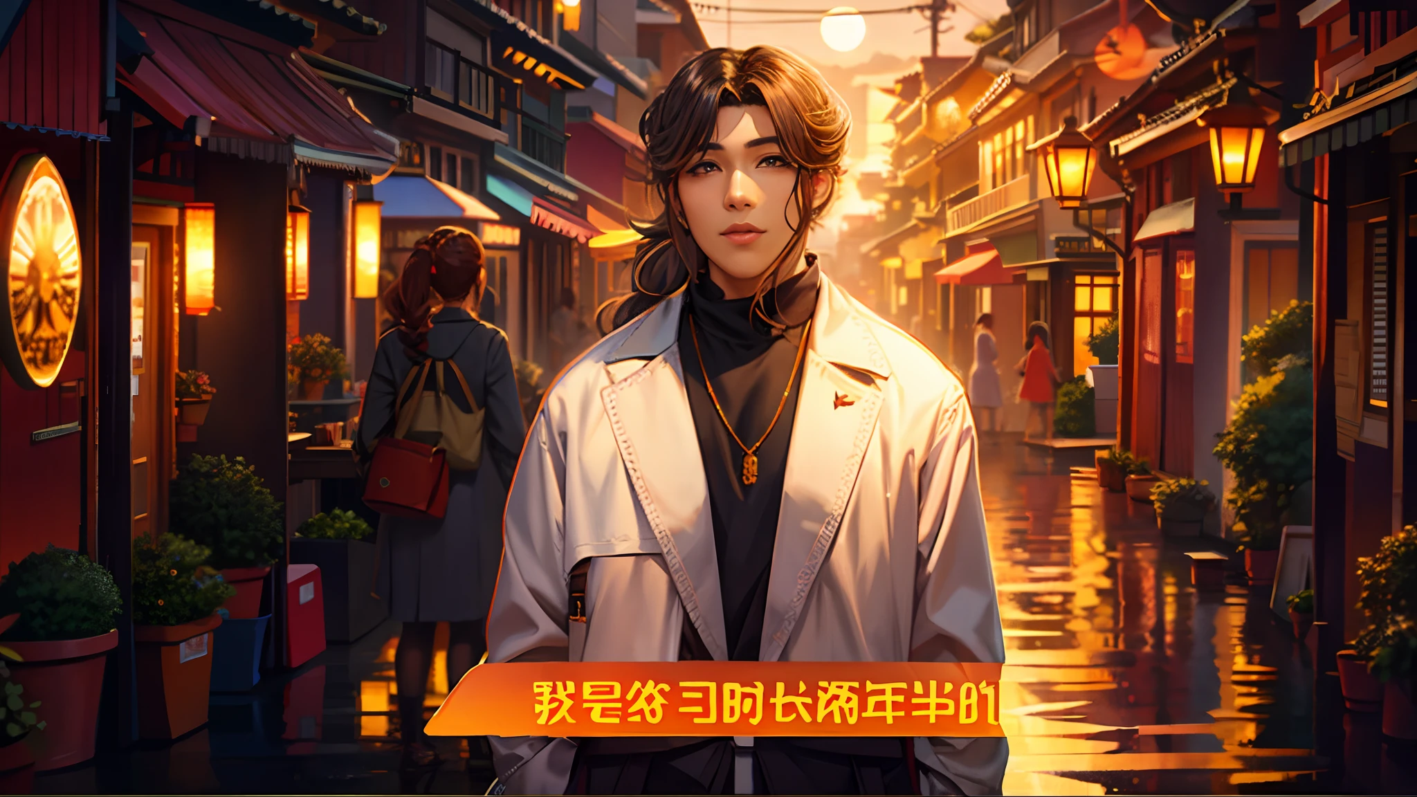 the sunset，eventide，evening light，middle parted hairstyle
