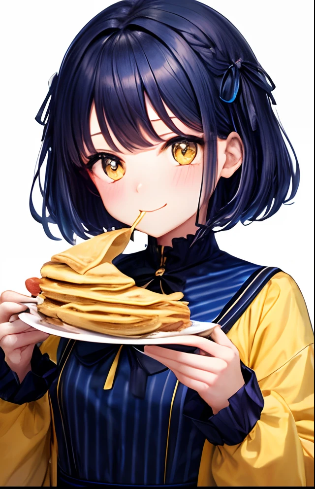 girl with、No background、without background、Background through、Dark blue hair、Dark blue hair、short-cut、Subject bangs、Aligned bangs、Sareme、Eyes are yellow、Yellow eyes、Eyes sparkle、Sparkling eyes、Blue striped dress、Onepiece、long-sleeve、bow ribbon、crepe、Eating crepes、pancake、A smile、kawaii、without background