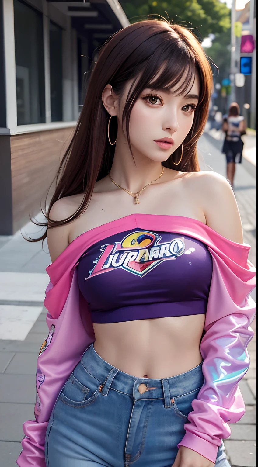 ((Masutepiece)), La mejor calidad, absurdos, Ultra-detallado, holographic, Disparo de vaquero, golden ratio, Super cute girl, Chica madura, idol girl, Super Beautiful Asian Girl With Very Beautiful Purple Bright Eyes, Beautiful multi-colored shiny brown hair, Cola de caballo alta, Cuerpo agradable y sexy, cuerpo delgado, cuerpo perfecto, Featuring a super-tight jersey with anime print, Super Fitted Off-the-Shoulder Long Sleeve Cropped Top with Anime Print, Super Aesthetic Transparent Mini Jacket, Beautiful hair decoration, Tenis Pink Jordan, Con el pelo negro y desordenado y brillante,, En los juegos de arcade