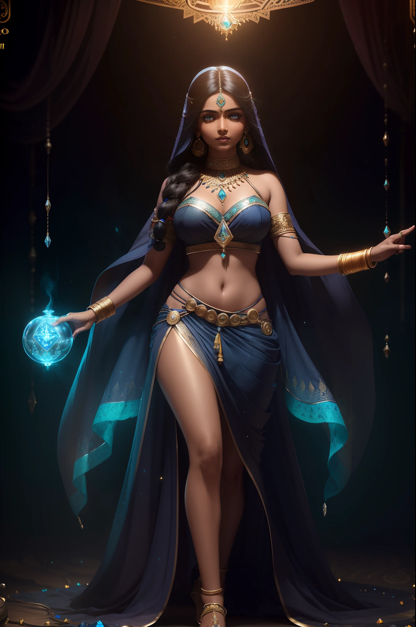 Extremely detailed really cute young indian looking woman with sorceress black-gown, magic, (full body) (dark eyes) (tanned) glowy blue and yellow smoke, (beautifully detailed alchemist room) soft colors, soft tetrad colors, crystal earrings, dark ambient, cartoonish vector, volumetric lights, very detailed secret room scenery with floating gems and crystals,art by MSchiffer, best quality, (indian:1) (focus on correct anatomy) (chromatic aberration:1.5)(brightness 3) good complementary illumination