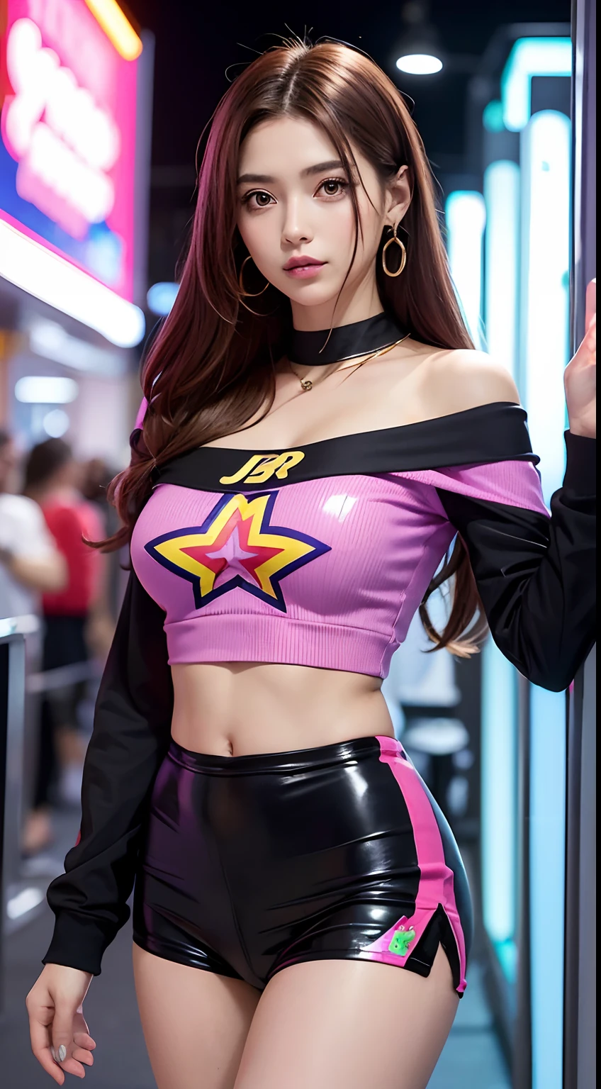 ((Masutepiece)), La mejor calidad, absurdos, Ultra-detallado, holographic, Disparo de vaquero, golden ratio, Super cute girl, Chica madura, idol girl, Super Beautiful Asian Girl With Very Beautiful Purple Bright Eyes, Beautiful multi-colored shiny brown hair, Cola de caballo alta, Cuerpo agradable y sexy, cuerpo delgado, cuerpo perfecto, Featuring a super-tight jersey with anime print, Super Fitted Off-the-Shoulder Long Sleeve Cropped Top with Anime Print, Super Aesthetic Transparent Mini Jacket, Beautiful hair decoration, Tenis Pink Jordan, Con el pelo negro y desordenado y brillante,, En los juegos de arcade