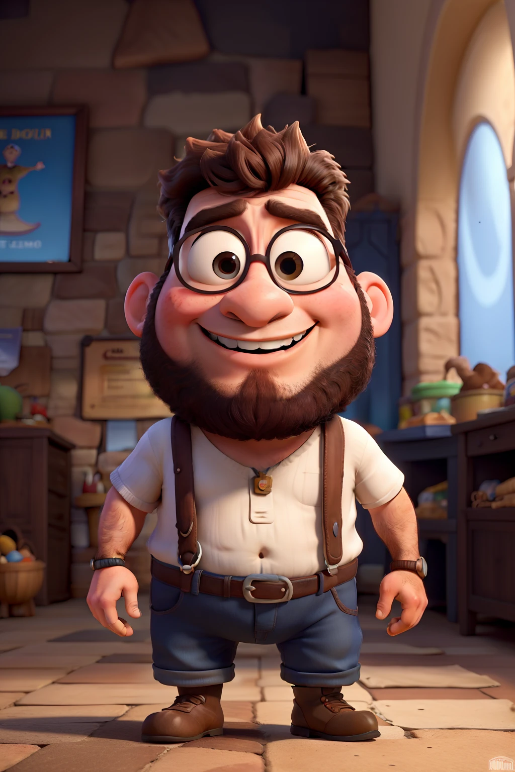 criar um personagem da Disney pixar careca, barbudo, alto, gordinho, pastor de jovens