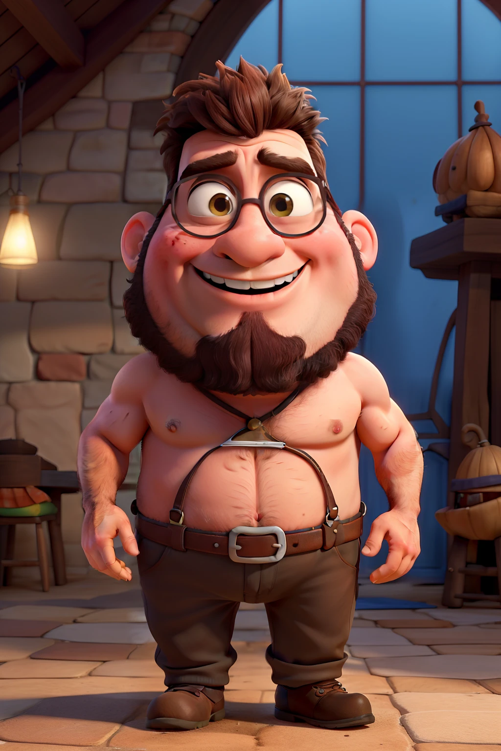 criar um personagem da Disney pixar careca, barbudo, alto, gordinho, pastor de jovens