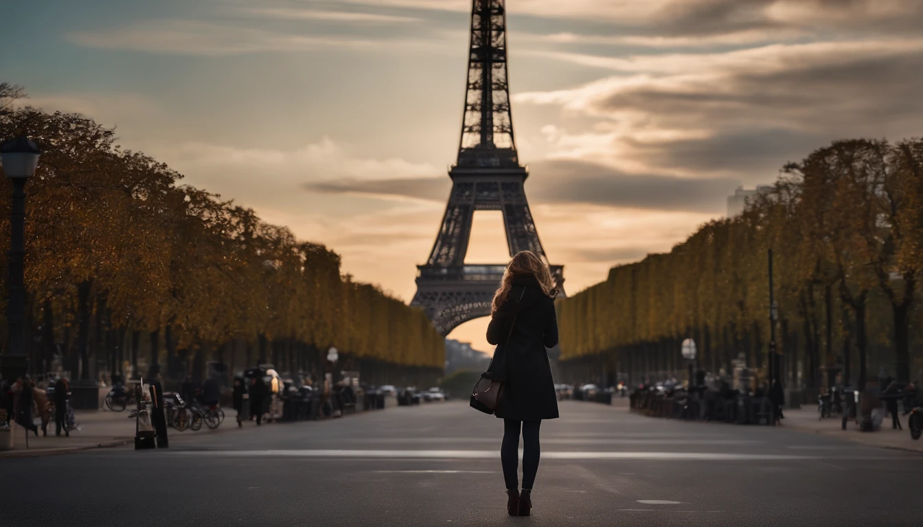 (8k、qualidade superior、obra prima:1.2)、 (realisitic、fotorrealista:1.37)、 ultra-detalhada、djsoda、 1 menina em、Corpo inteiroesbiano、Wearing a turtleneck sweater and skinny jeans、Standing in the streets of Paris with the Eiffel Tower in the background、 pequeno bonito、 beautiful detailed sky、noite, Escuro, ..lua, tiny breast、 belos olhos detalhados、 (comprimento do cabelo:1.2)、 cabelo flutuante estilo NovaFrog、