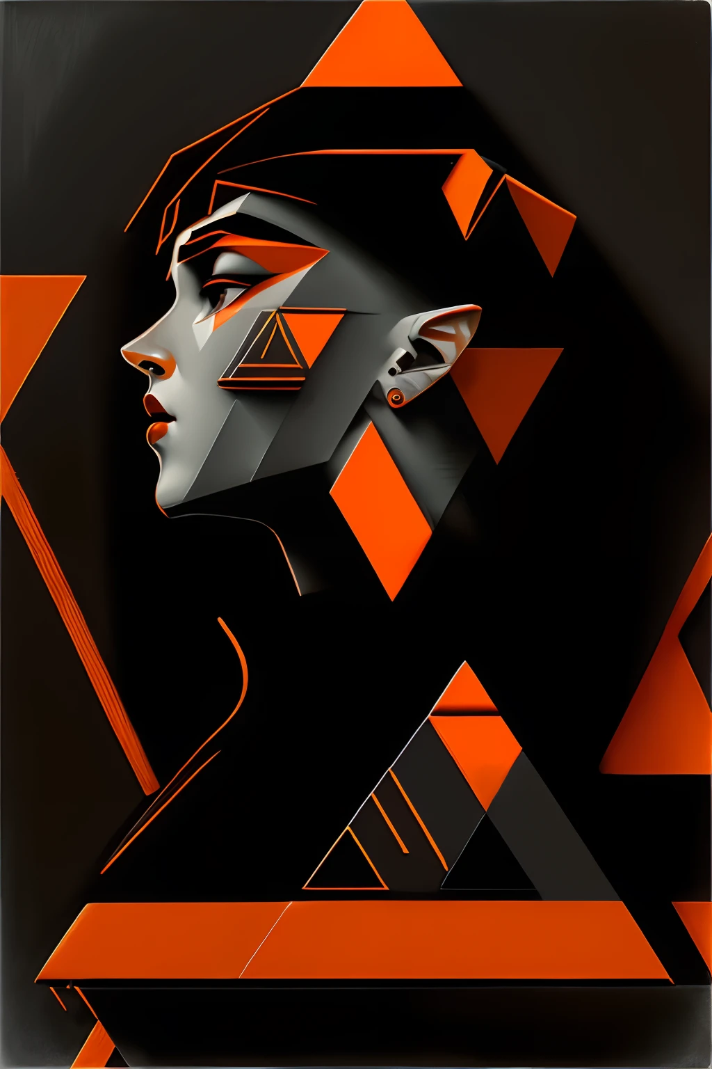 (masterpiece, 4k ,ultra detailed,raw photo:1.2),illustration, (portrait:1.2),(from side:1.2),(looking right:1.2), (simple a oso background,black and orange background1.4), (art deco:1.4), (minimalism:1.4), (clean:1.4), (flat_color:1.4), (geometric pattern:1.4), (triangle:1.5), CCDDA Artstyle