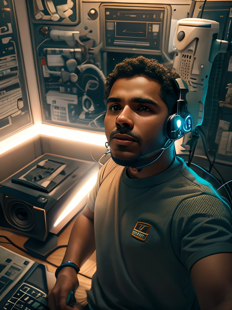 um jovem adulto cientista de capuz, com um headset, and a microphone on his head, narrate something in front of the computer in space