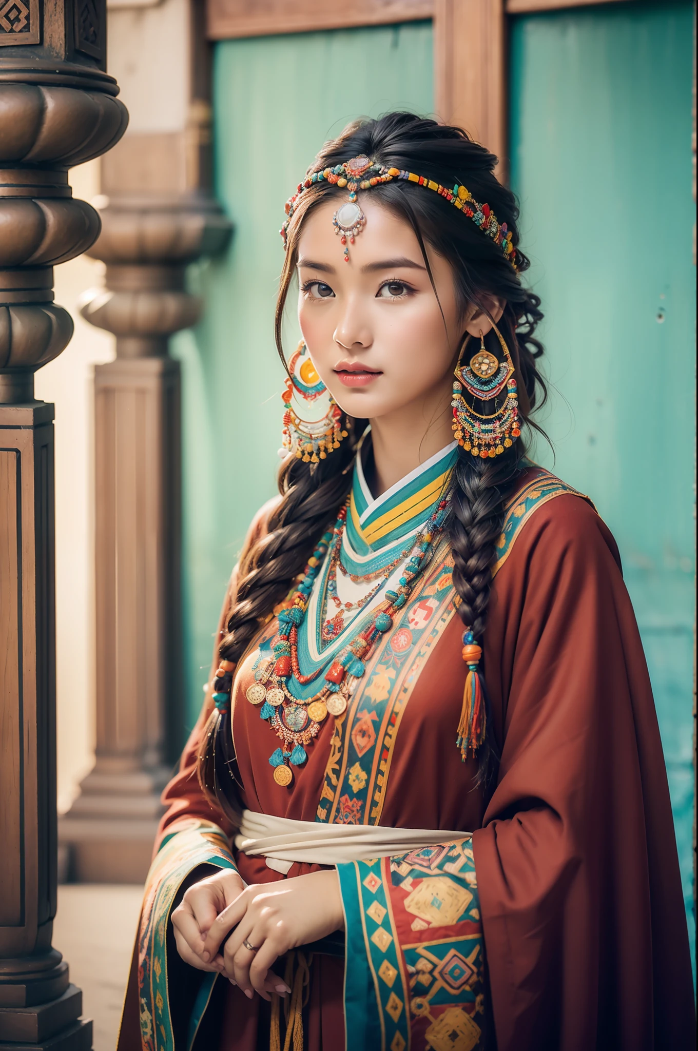 (Best quality,8K,A high resolution,Masterpiece:1.2),(Dark brown skin, Textured skin, Highland flushed face, Sunburn, tanned, sunspot), Beautiful Tibetan girls and boys in Potala Palace, prayer flags，Potala Palace, Tibetan culture, Bright eyes, Traditional Tibetan art costumes, Tibetan robes, Tibetan headdress, Tibetan jewelry, Turquoise, amber, Observe the audience, Ultra-fine details, upscaled. Soft lighting, ultra - detailed, High quality, Vivid colors, Bokeh, hdr, hyper HD, Professional photography style.