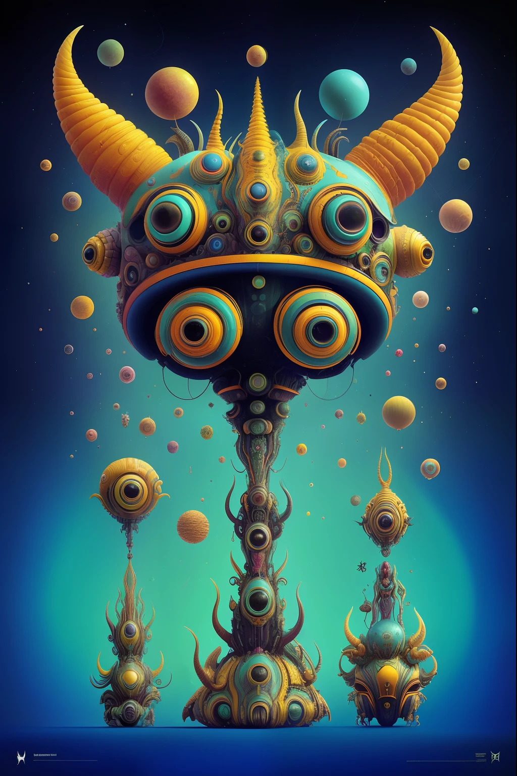 a painting of a colorful alien like creature with horns and horns, greg beeple, dan mcpharlin : : ornate, by Tomek Setowski, painting by android jones, beeple and jeremiah ketner, dan mcpharlin, psychedelic surreal art, 8 0's style tomasz alen kopera, sci-fi digital art illustration