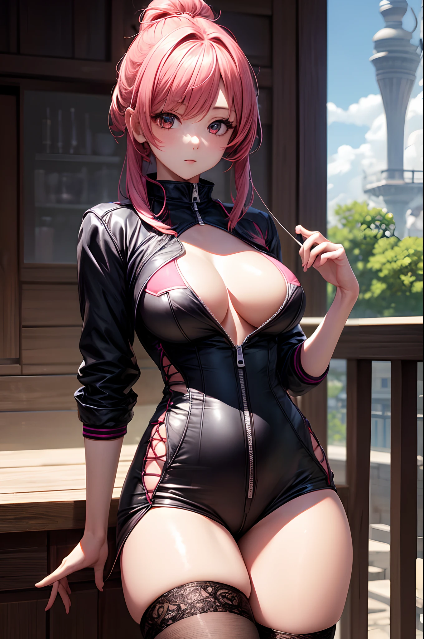 1girl, absurdres, high res, extremely detailed ultrasharp, 8K, masterpiece, looking at viewer, thighs, breasts, overboob, pink hair, medium hair, jacket, thighhighs, naval, breast zipper