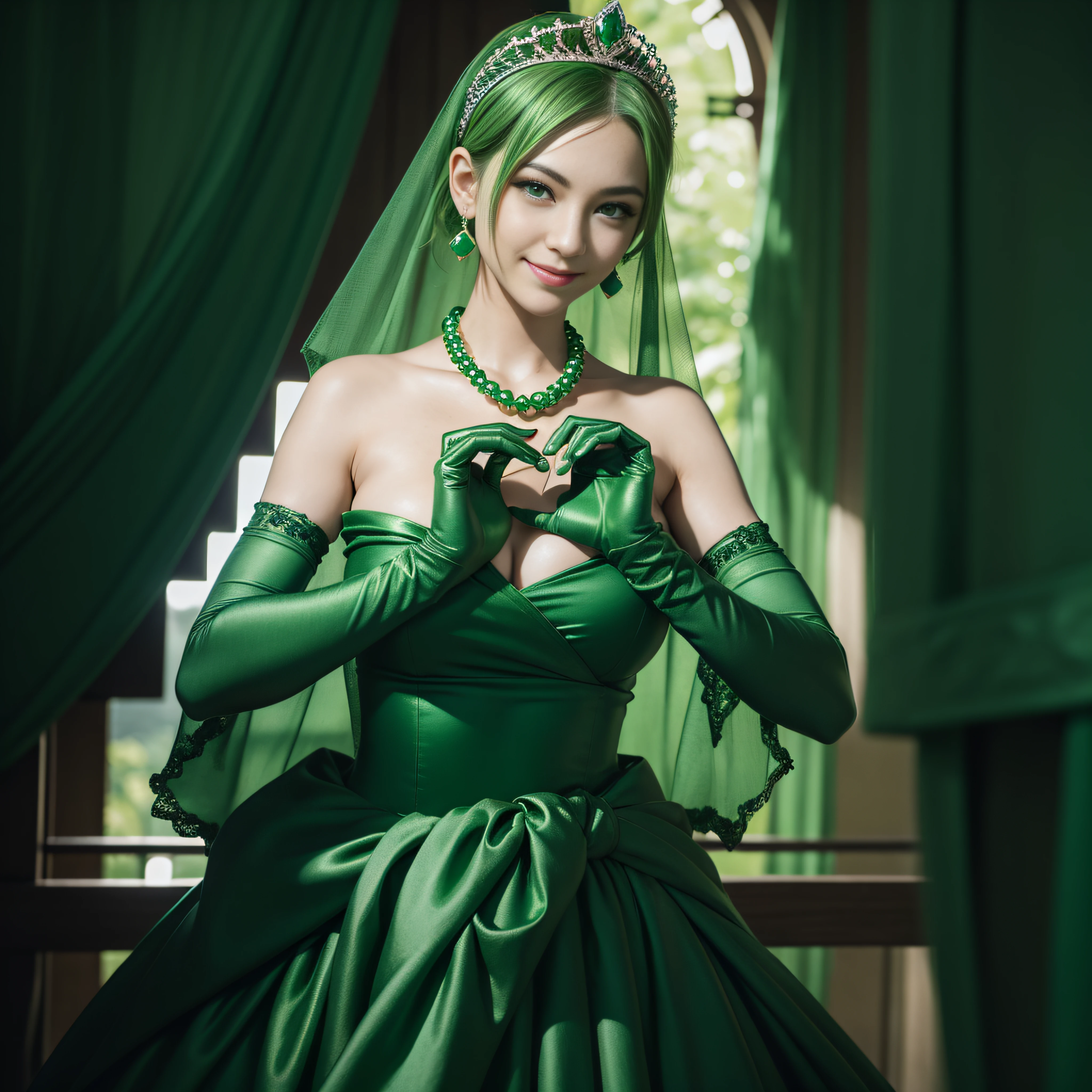 emerald tiara, Green Pearl Necklace, Boyish very short green hair, lipsticks, Japan woman smiling, very short short hair,  big breasts beautiful, Green eyes, Long green gloves made of satin material, Green eyes, Emerald Earrings, green vale, Heart with both hands,Green hair