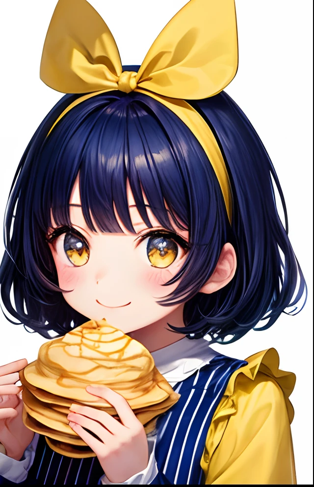 girl with、No background、without background、Background through、Dark blue hair、Dark blue hair、short-cut、Subject bangs、Aligned bangs、Sareme、Eyes are yellow、Yellow eyes、Eyes sparkle、Sparkling eyes、Blue striped dress、Onepiece、long-sleeve、bow ribbon、crepe、Eating crepes、pancake、A smile、kawaii、without background