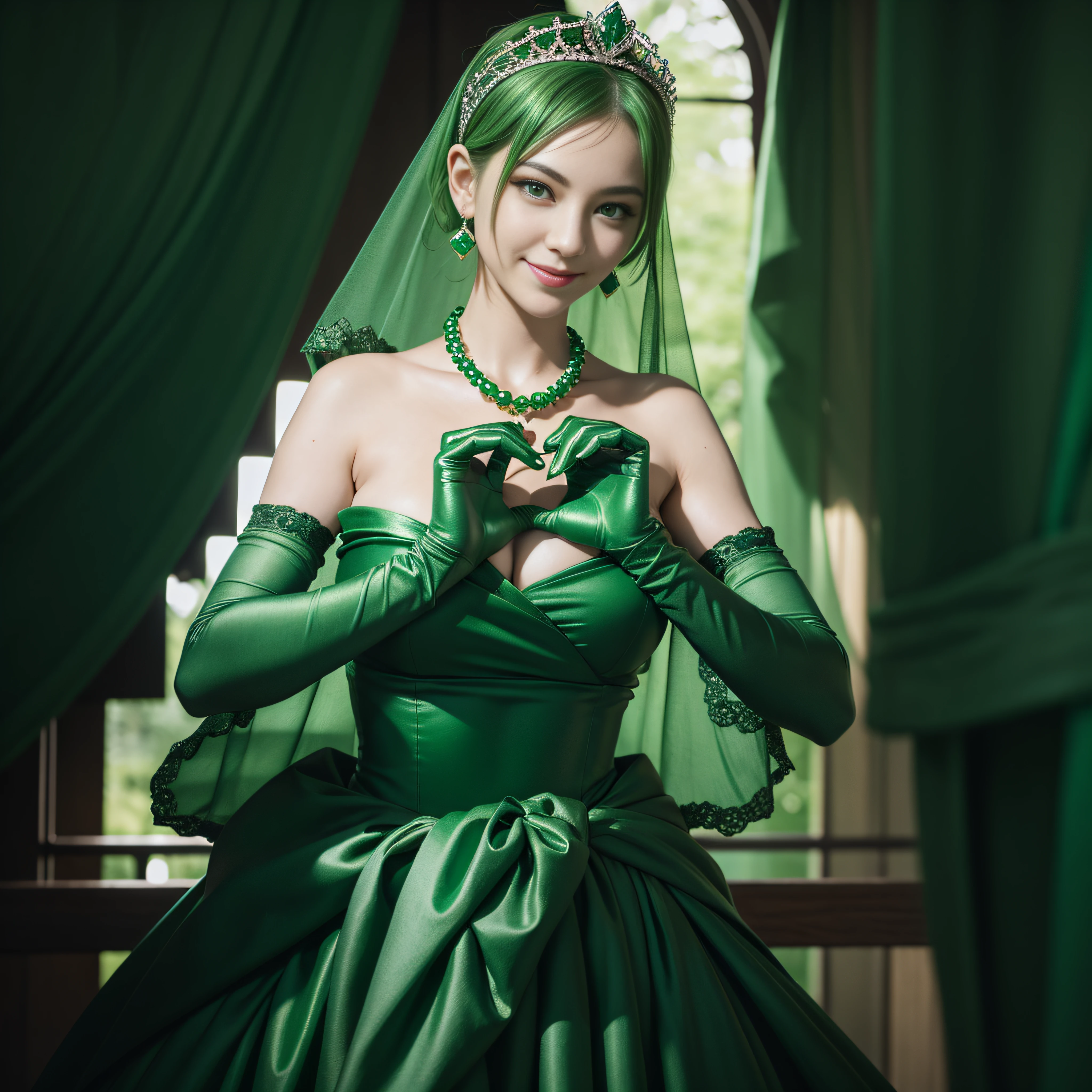 emerald tiara, Green Pearl Necklace, Boyish very short green hair, lipsticks, Japan woman smiling, very short short hair, big breasts beautiful, Green eyes, Long green gloves made of satin material, Green eyes, Emerald Earrings, green vale, Heart with both hands,Green hair