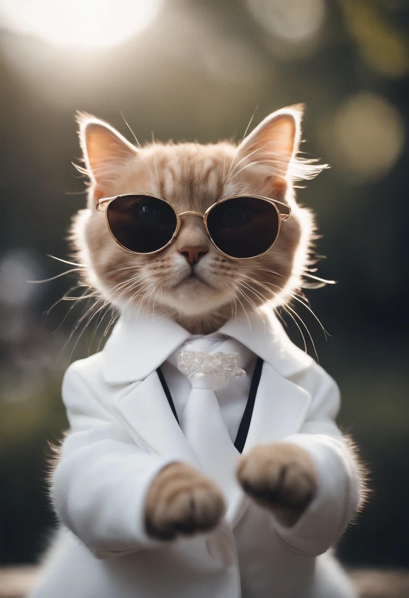 Perfect centering, Cute little cat, Wear a suite, Wearing sunglasses, handsome smart, cheerfulness, Standing position, Abstract beauty, Centered, Looking at the camera, Facing the camera, Approaching perfection, Dynamic, Highly detailed, Smooth, Sharp Focus, 8K