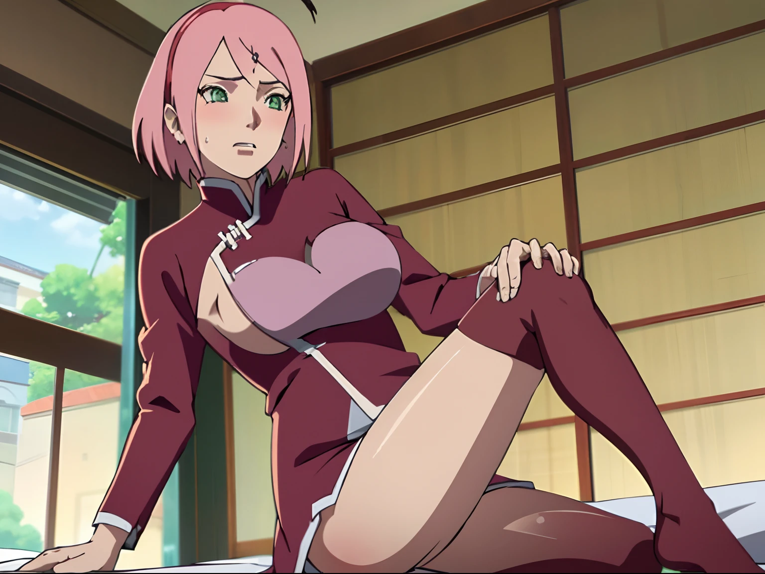 tmasterpiece， hoang lap ， （Complicated details），（rich colourful）， 电影灯光， the Extremely Detailed CG Unity 8K Wallpapers ， Sakura Haruno， 1girll， 独奏，（‎Classroom，track suit，White stockings，Superskirt，Legs sweat a lot，Lie down in bed，Bigboobs， short detailed hair），（（perspire，Be red in the face，Blush：1.5）），Particularly heavy blush，cowboy lens。Open-mouthed，astonishment，（（Show off your thighs，Hold your legs with both hands））