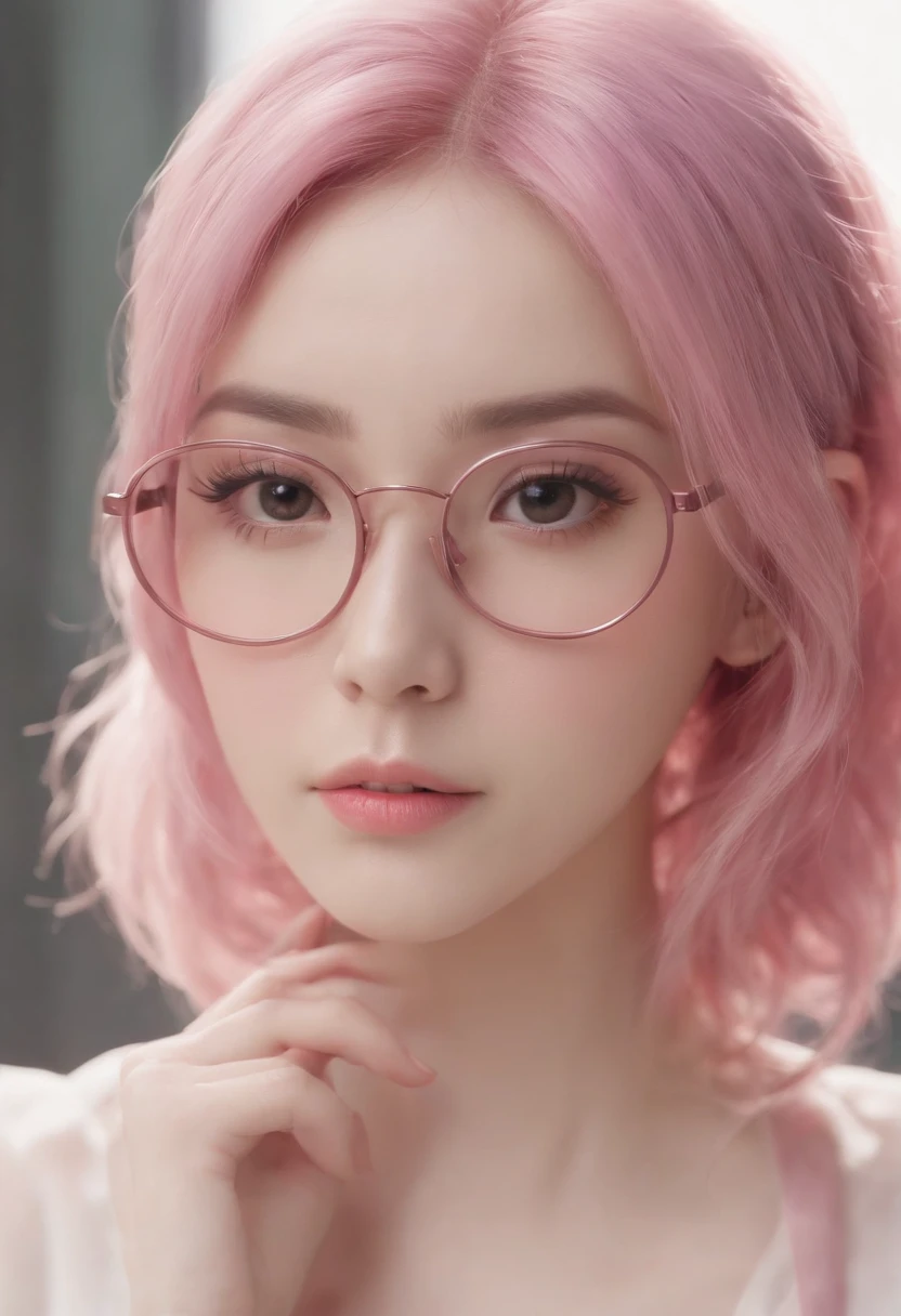 Close-up of a woman with pink hair wearing glasses, obra no estilo Guvez, Guvez, kawaii retrato realista, inspirado em Seihiko-kun, rosto rosa brilhante,  cor-de-rosa, retrato bonito do anime, pink-tinted eyewear, olhos cor-de-rosa brilhantes, Estilo anime 3D realista, Yanjuncheng, realistic anime art style, ((Rosa)8k