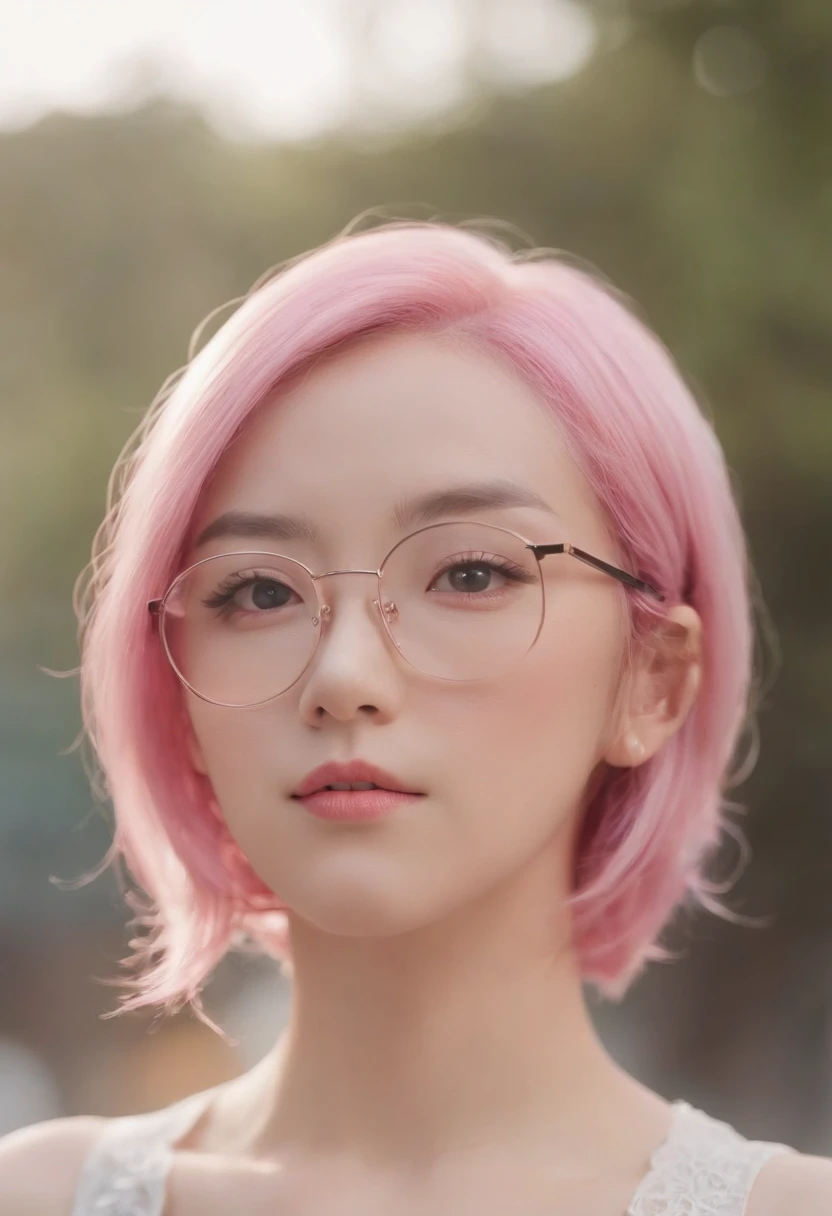 Close-up of a woman with pink hair wearing glasses, obra no estilo Guvez, Guvez, kawaii retrato realista, inspirado em Seihiko-kun, rosto rosa brilhante, menina cor-de-rosa, retrato bonito do anime, pink-tinted eyewear, olhos cor-de-rosa brilhantes, Estilo anime 3D realista, Yanjuncheng, realistic anime art style, ((Rosa)8k