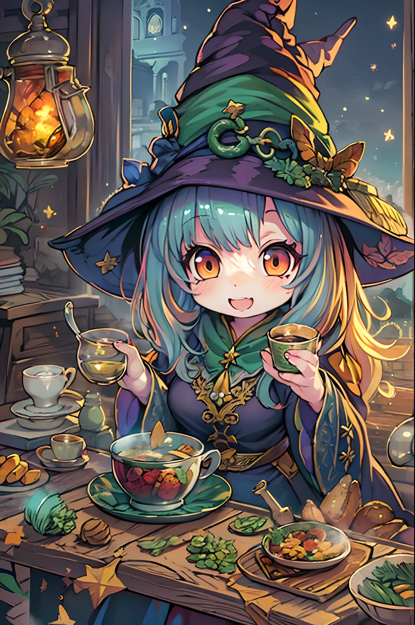 masutepiece, Best Quality, Wizard Tea Party, Chibi, Handsome Female Witch, beautiful witch, highly detailed realistic eyes, Happy, Vibrant, Colorful,