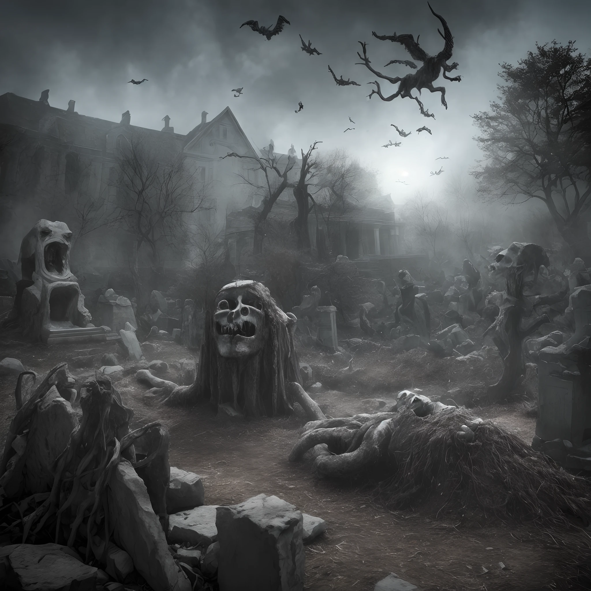 Ancient demonic ghost rising from a grave with lost souls flying in the back ground