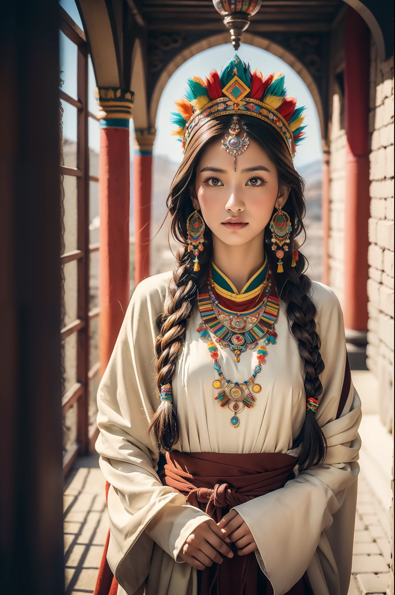 (Best quality,8K,A high resolution,Masterpiece:1.2),(Dark brown skin, Textured skin, Highland flushed face, Sunburn, tanned, sunspot), Beautiful Tibetan girls and boys in Potala Palace, prayer flags，Potala Palace, Tibetan culture, Bright eyes, Traditional Tibetan art costumes, Tibetan robes, Tibetan headdress, Tibetan jewelry, Turquoise, amber, Observe the audience, Ultra-fine details, upscaled. Soft lighting, ultra - detailed, High quality, Vivid colors, Bokeh, hdr, hyper HD, Professional photography style.