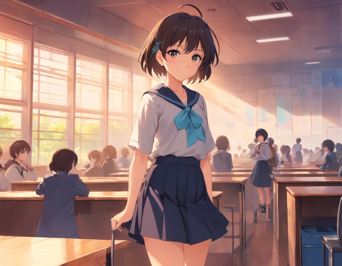 A cute girl, a baby face anime girl, anime girl, cute, a school girl, a girl wearing whiteand black skirt.