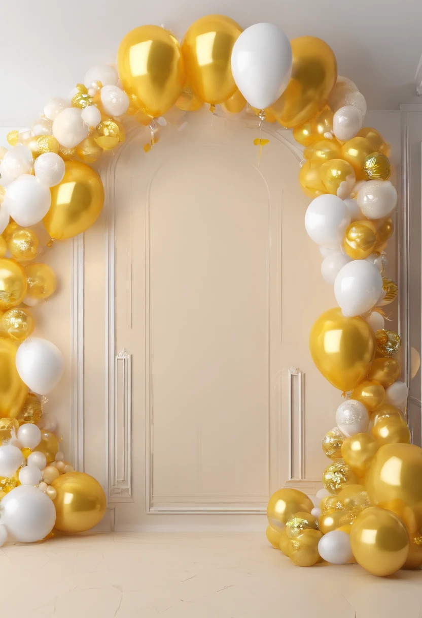 "RAW images, The most beautiful, masterpiece, best quality, high quality, extremely detailed,Arafe balloon arch with yellow and white balloons and an inscription Happy Birth Day, yellow and white, Gold decoration, party balloons, White and yellow color scheme, White and yellow, decorative gold, Gold theme, Cream Color Room, balloons, decorate, Decoration around the room, balloons, Lavish décor, Luxurious environment, Ornate and flexible, elegant and ornate"