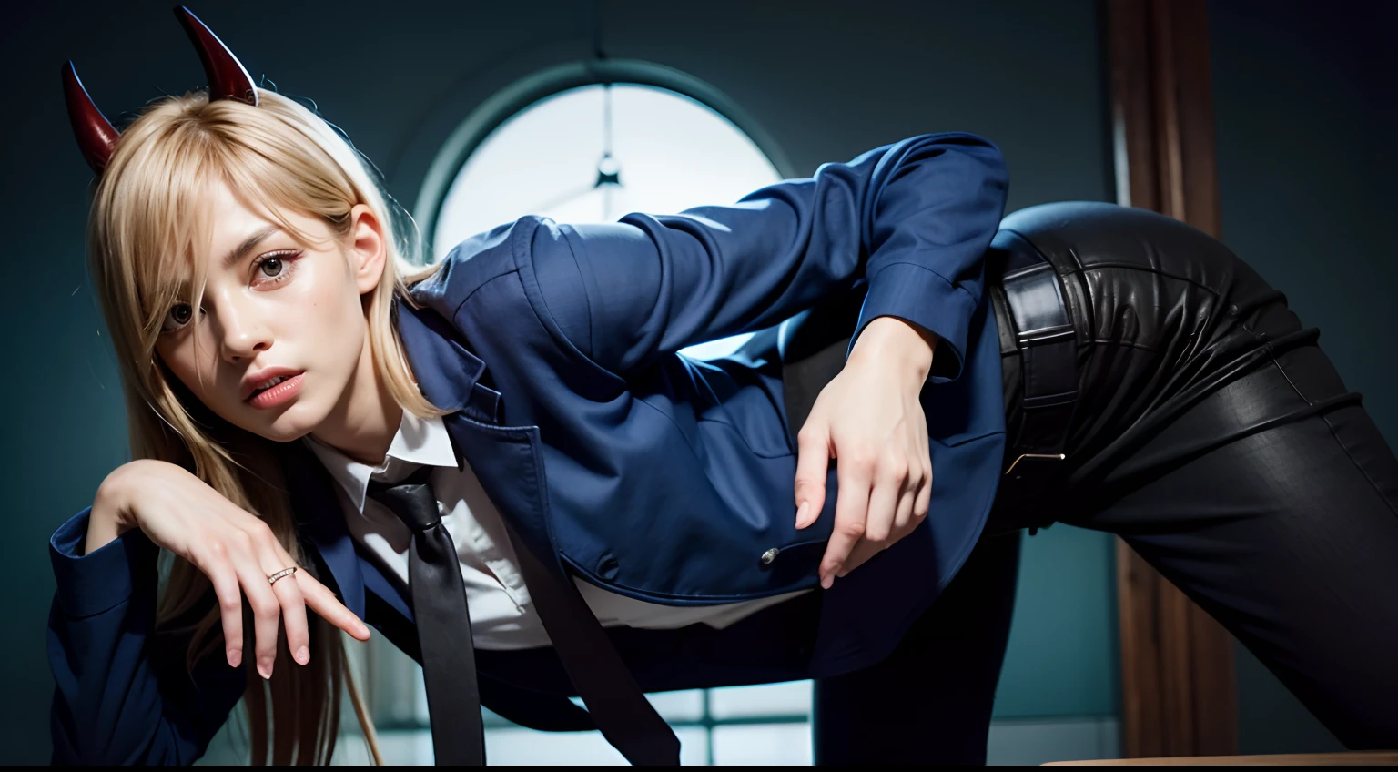 power \(csm\), sharp teeth, symbol-shaped pupils, cross-shaped pupils, blue jacket, collared shirt, black necktie, black pants