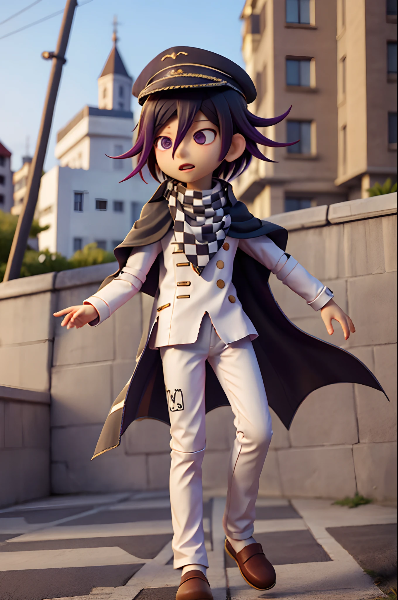 oma kokichi,jacket,buttons,white pants,checkered scarf,peaked cap, cape