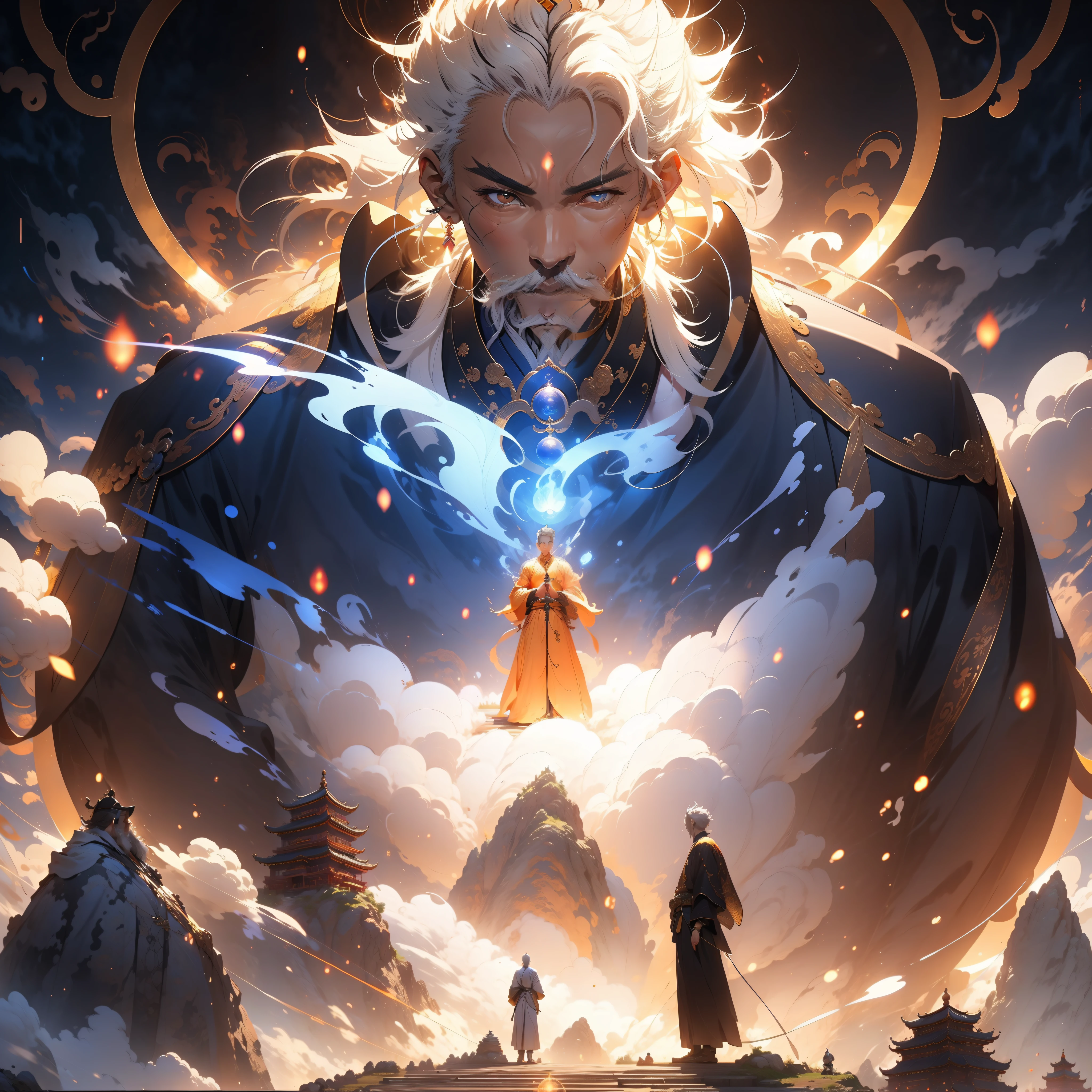 A Taoist priest,A character stands in front of a golden Taoist priest,Fairy wind road bone,Mountain peak background,surrounded by cloud,salama