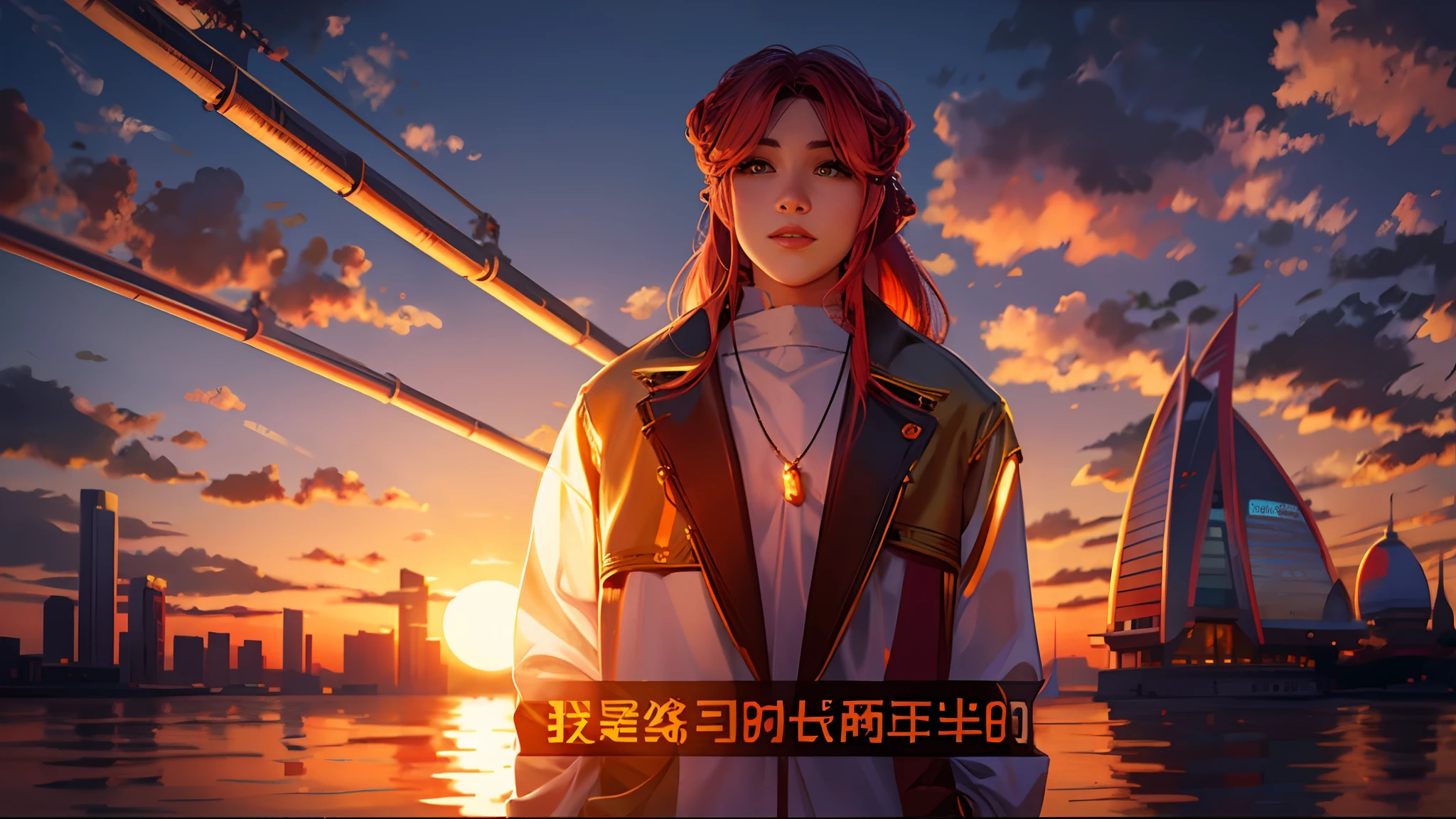 the sunset，eventide，middle parted hairstyle