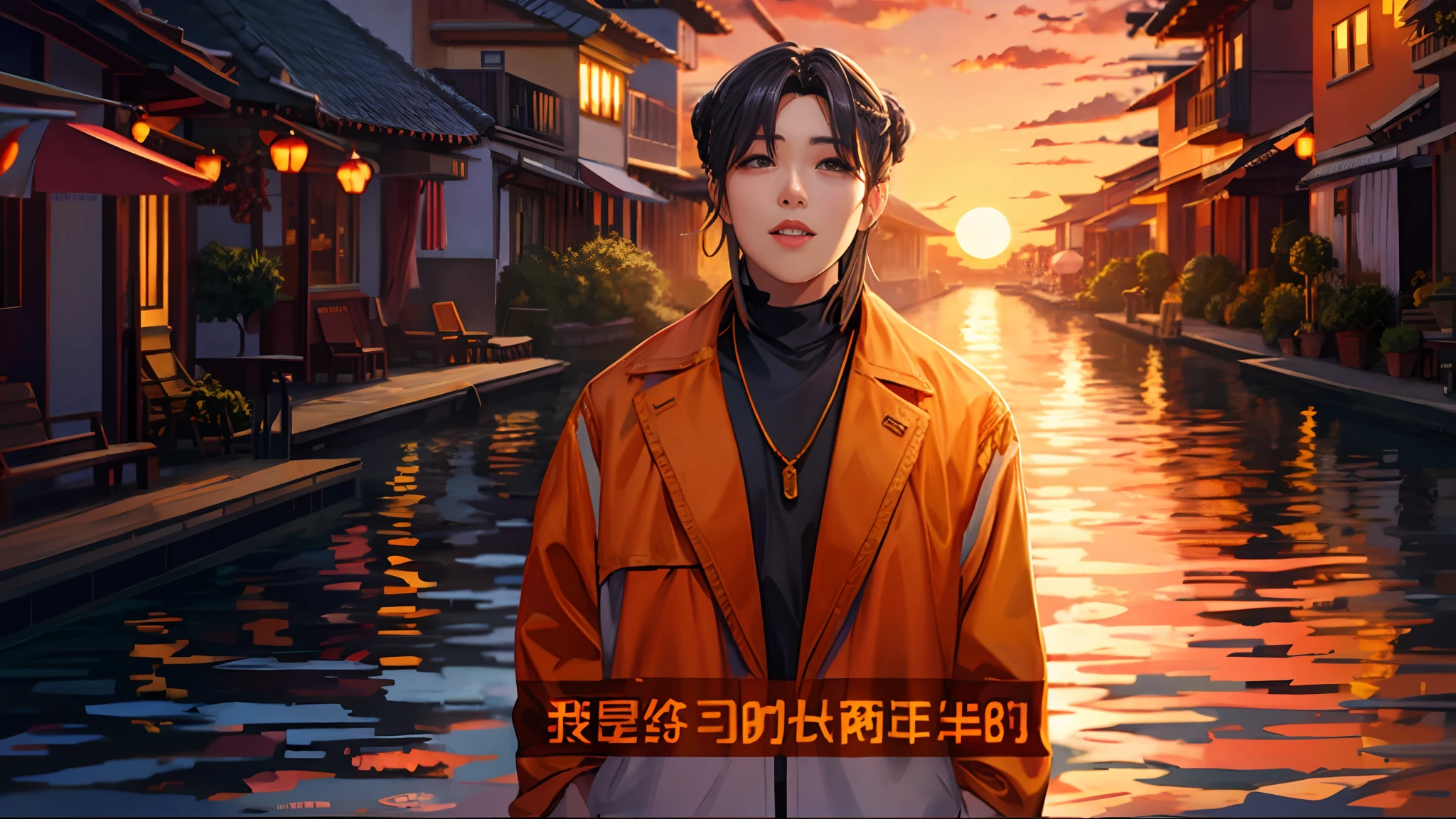 the sunset，eventide，middle parted hairstyle
