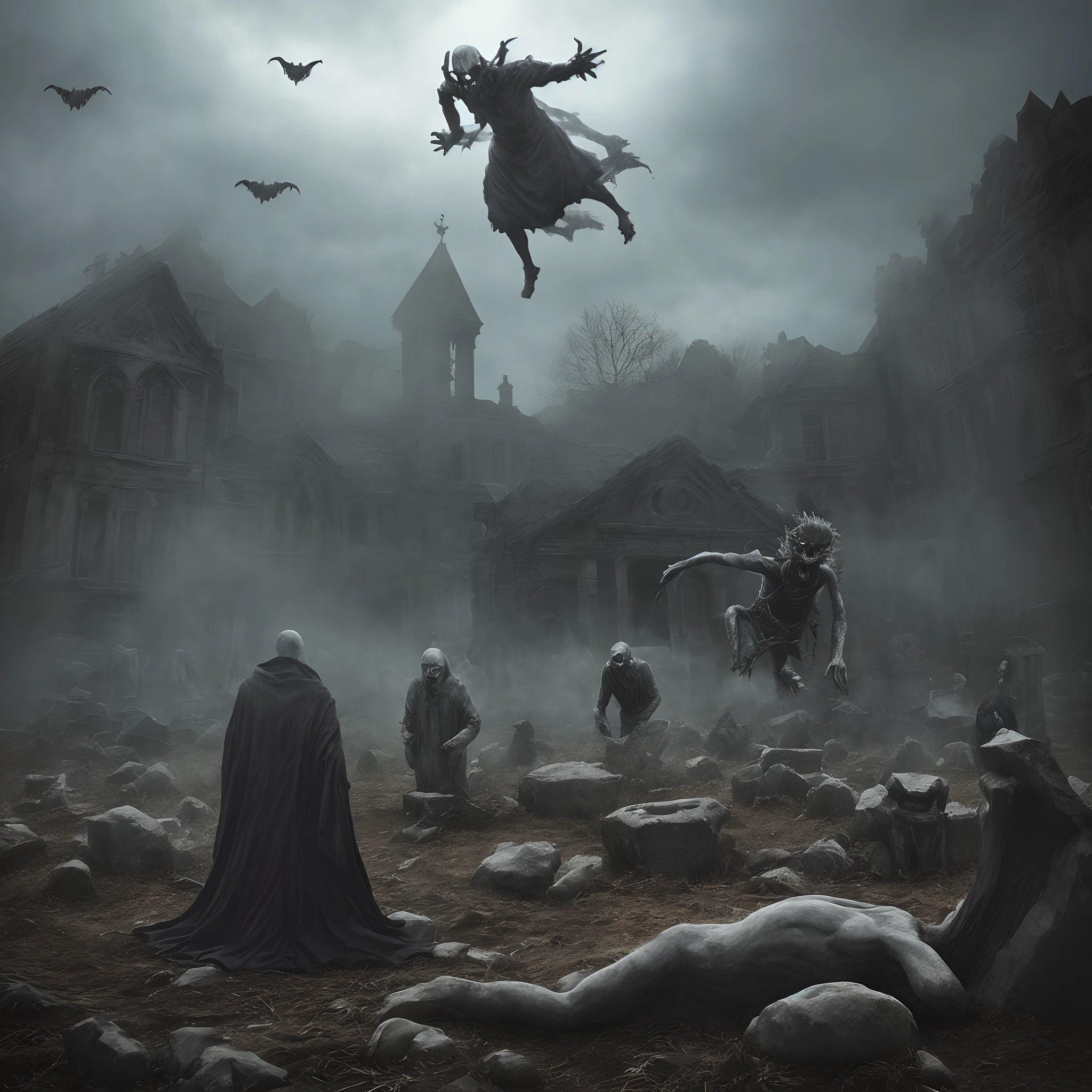 Ancient demonic ghost rising from a grave with lost souls flying in the back ground