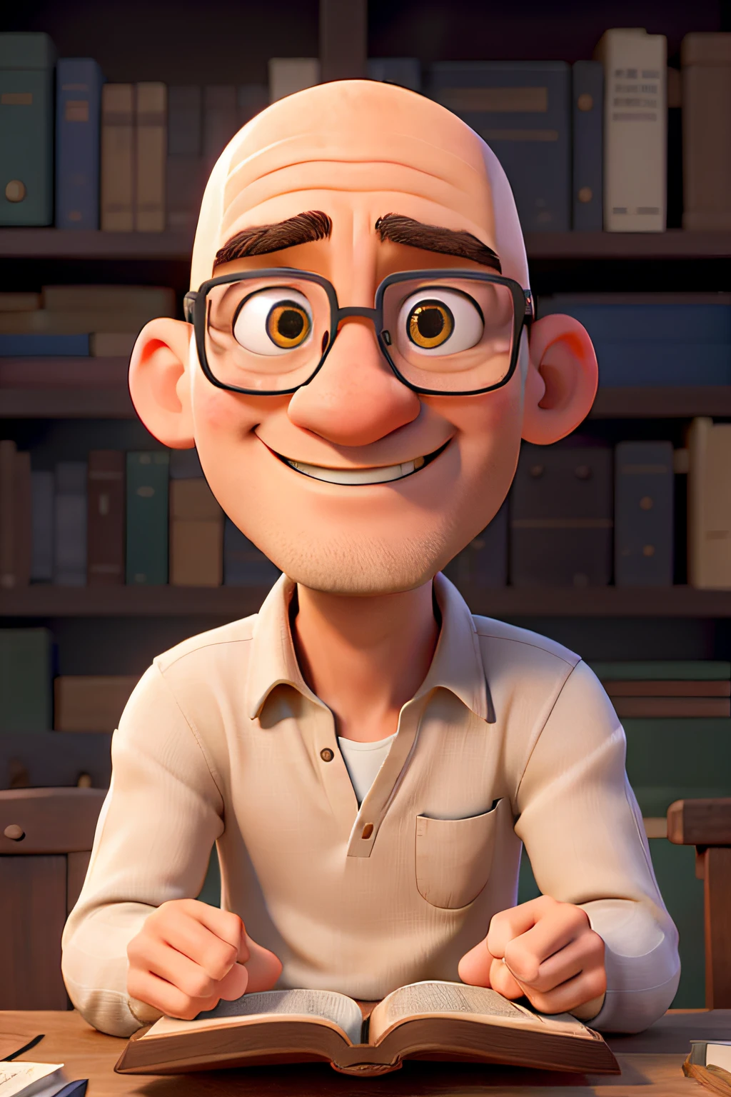 obra prima, de melhor qualidade, um jovem, Bulging-eyed bald evangelist wearing square glasses, sitting in your library reading the Bible