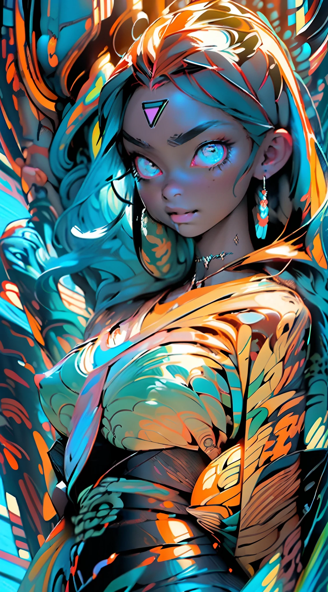 Mulher cyberpunk com pele escura e olhos azuis e cabelo castanho curto, 8k_wallpaper, olhos extremamente detalhados, corpo extremamente detalhado, dedo extremamente detalhado, (grande obra de arte digital), (Detailed manga illustration), (arte detalhada), ((perfeito)) anatomia, BETTER HANDS)), (detalhes intrincados:1.3), (ultra-detalhado:1.3), (illustration:1.3), (foco nítido:1.3), ( natural lightting:1.05), (cores vivas:1.3), Modelo: Break Domain, Realista, (Obra-prima, Qualidade Superior, Melhor Qualidade, Arte Oficial, Beauty and Aesthetics: 1.2), Muito Detalhado, Arte Fractal, Colorido, Mais Detalhado, Zentangle, (nude, sexy pose), (large breasts and hips, perfect vagina:1.2), (nipples:1.2), (Fundo abstrato: 1.5) (1menino: 1.3), Deus, Cabelo Curto, (Olhos Vermelhos Brilhantes), Misterioso, (Magia), Homem Bonito, Floresta de Bambu, Borboleta