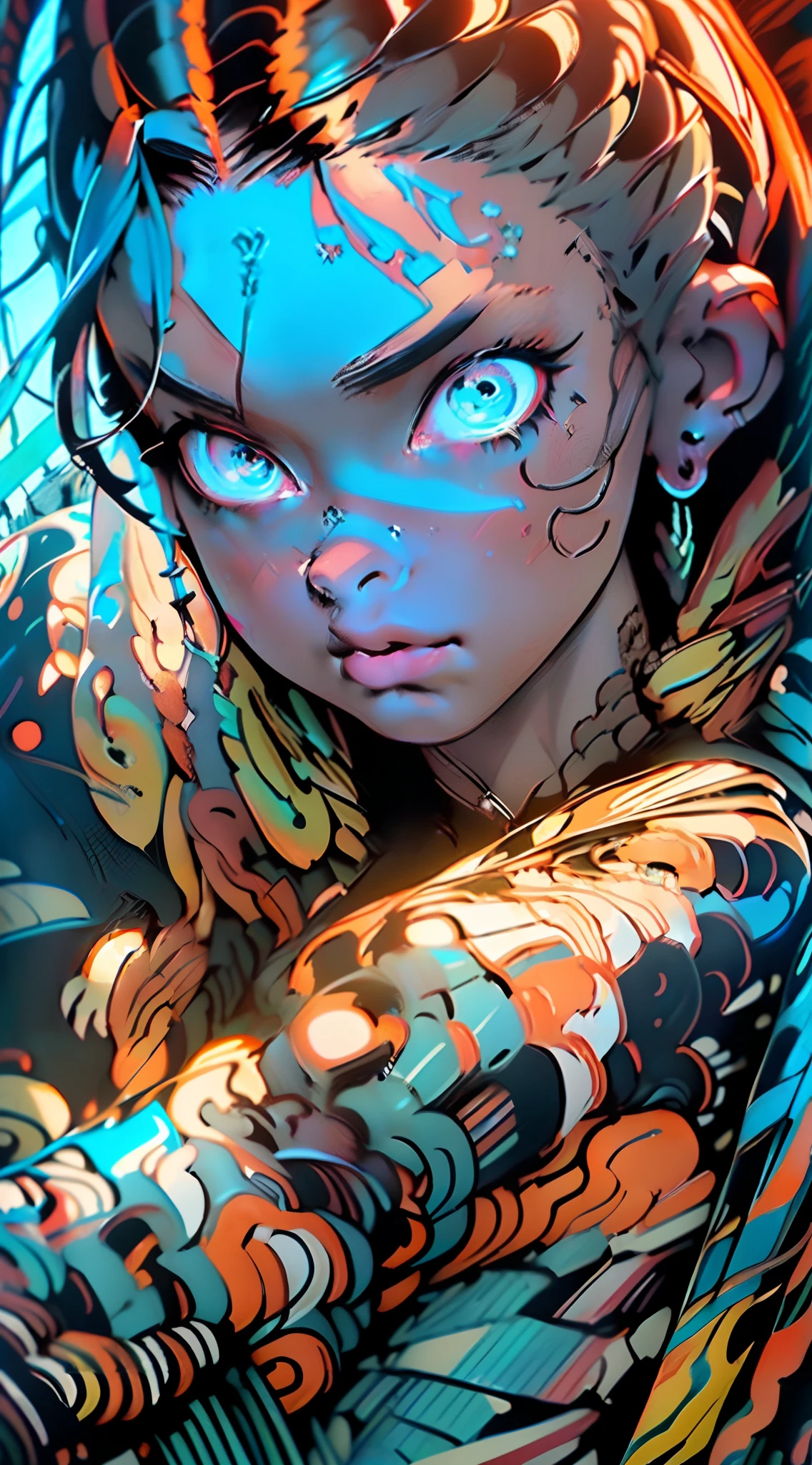 Mulher cyberpunk com pele escura e olhos azuis e cabelo castanho curto, 8k_wallpaper, olhos extremamente detalhados, corpo extremamente detalhado, dedo extremamente detalhado, (grande obra de arte digital), (Detailed manga illustration), (arte detalhada), ((perfeito)) anatomia, BETTER HANDS)), (detalhes intrincados:1.3), (ultra-detalhado:1.3), (illustration:1.3), (foco nítido:1.3), ( natural lightting:1.05), (cores vivas:1.3), Modelo: Break Domain, Realista, (Obra-prima, Qualidade Superior, Melhor Qualidade, Arte Oficial, Beauty and Aesthetics: 1.2), Muito Detalhado, Arte Fractal, Colorido, Mais Detalhado, Zentangle, (nude, sexy pose), (large breasts and hips, perfect vagina:1.2), (nipples:1.2), (Fundo abstrato: 1.5) (1menino: 1.3), Deus, Cabelo Curto, (Olhos Vermelhos Brilhantes), Misterioso, (Magia), Homem Bonito, Floresta de Bambu, Borboleta