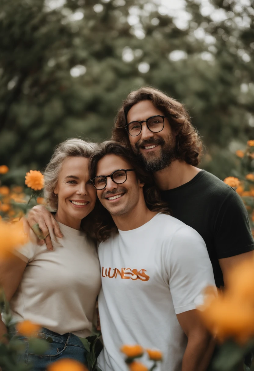 Man with long, wavy brown hair, green eyes, with a t-shirt that says Luness Libras, next to a white woman, wavy black hair, brown eyes, rounded glasses with a tip, with a t-shirt that says Luness Libras. They are smiling posing to take a photo in a flower square